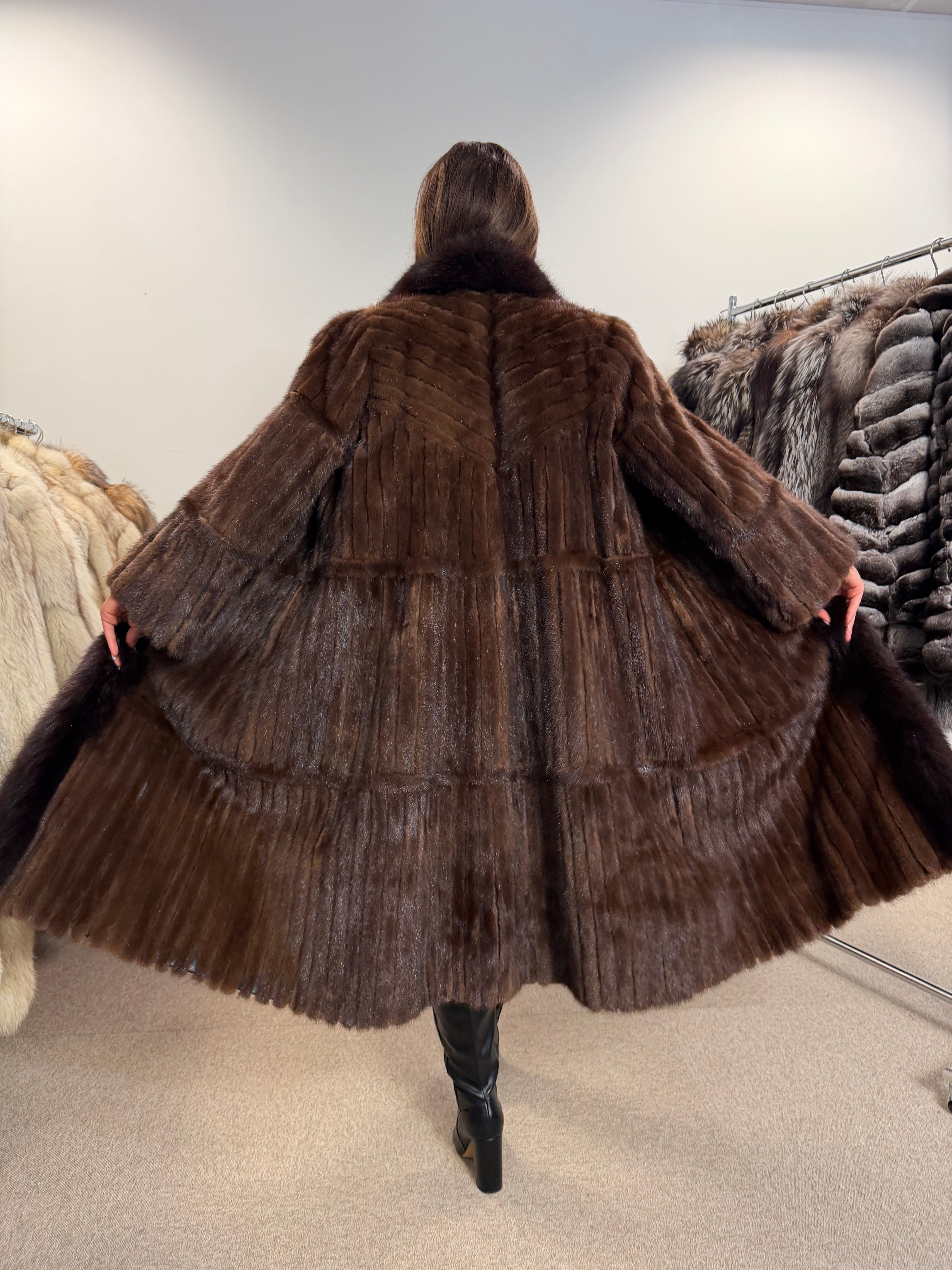 Brown Mink Fur Coat, Fox Collar, Size M