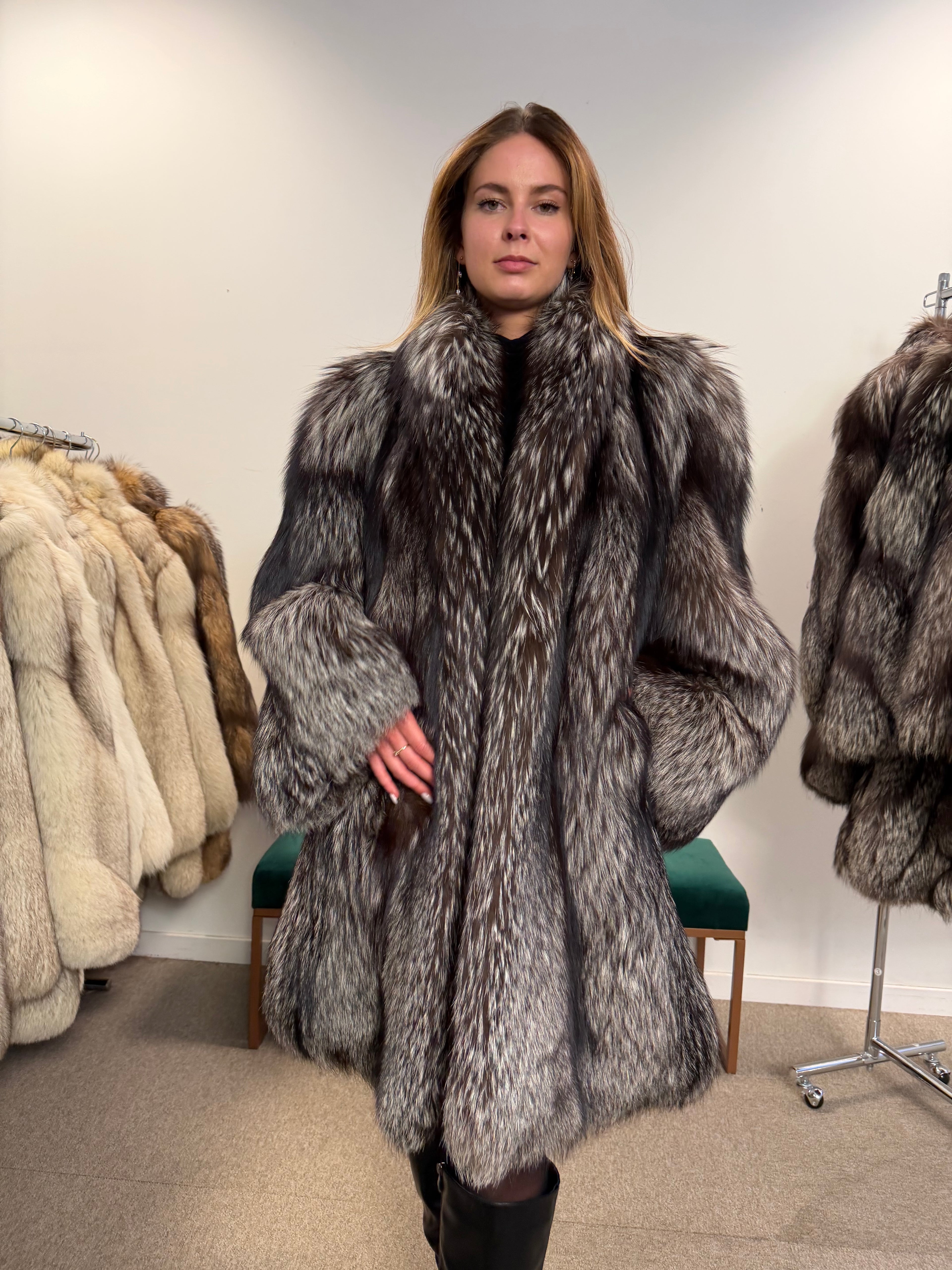 Silver Fox Real Fur Coat, Size XXL, Full Sweep Swing Coat