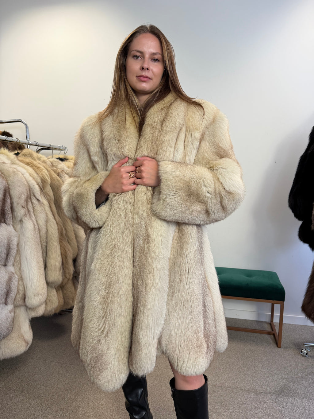 Fox Fur Coat, White Nordic, Fur Collar, Size XL