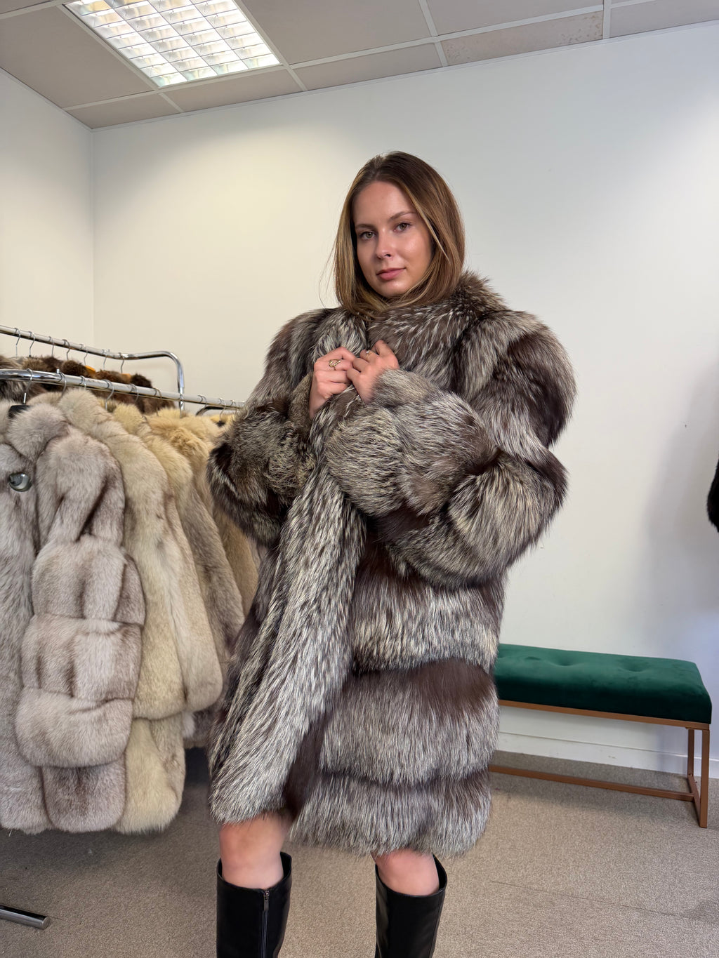 Real Silver Fox Fur Coat, Long Oversized, Size XL