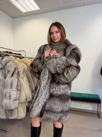 Silver Fox Fur Coat, Long Oversized, Size XL