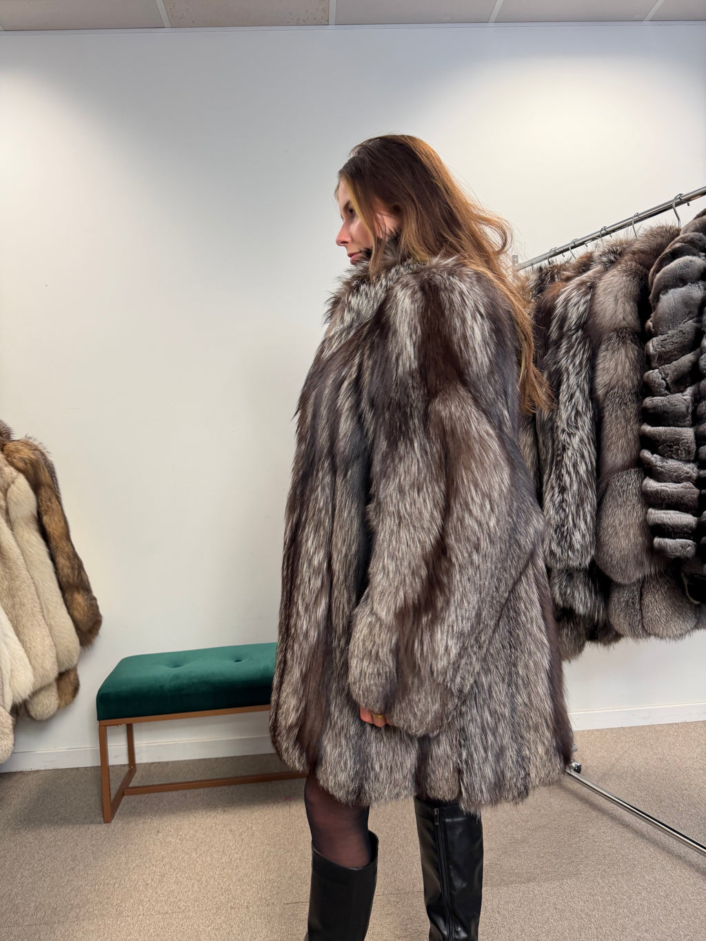 Silver Fox Real Fur Coat, Size L, Stand Up Collar