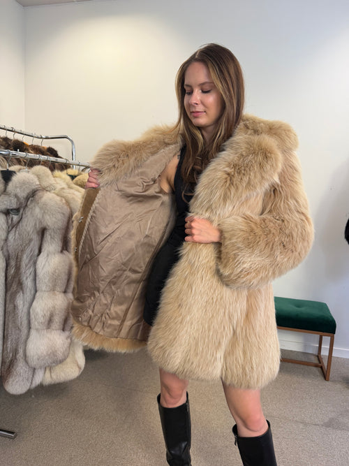 Fluffy Fox Fur Jacket, Beige Cream, Size M