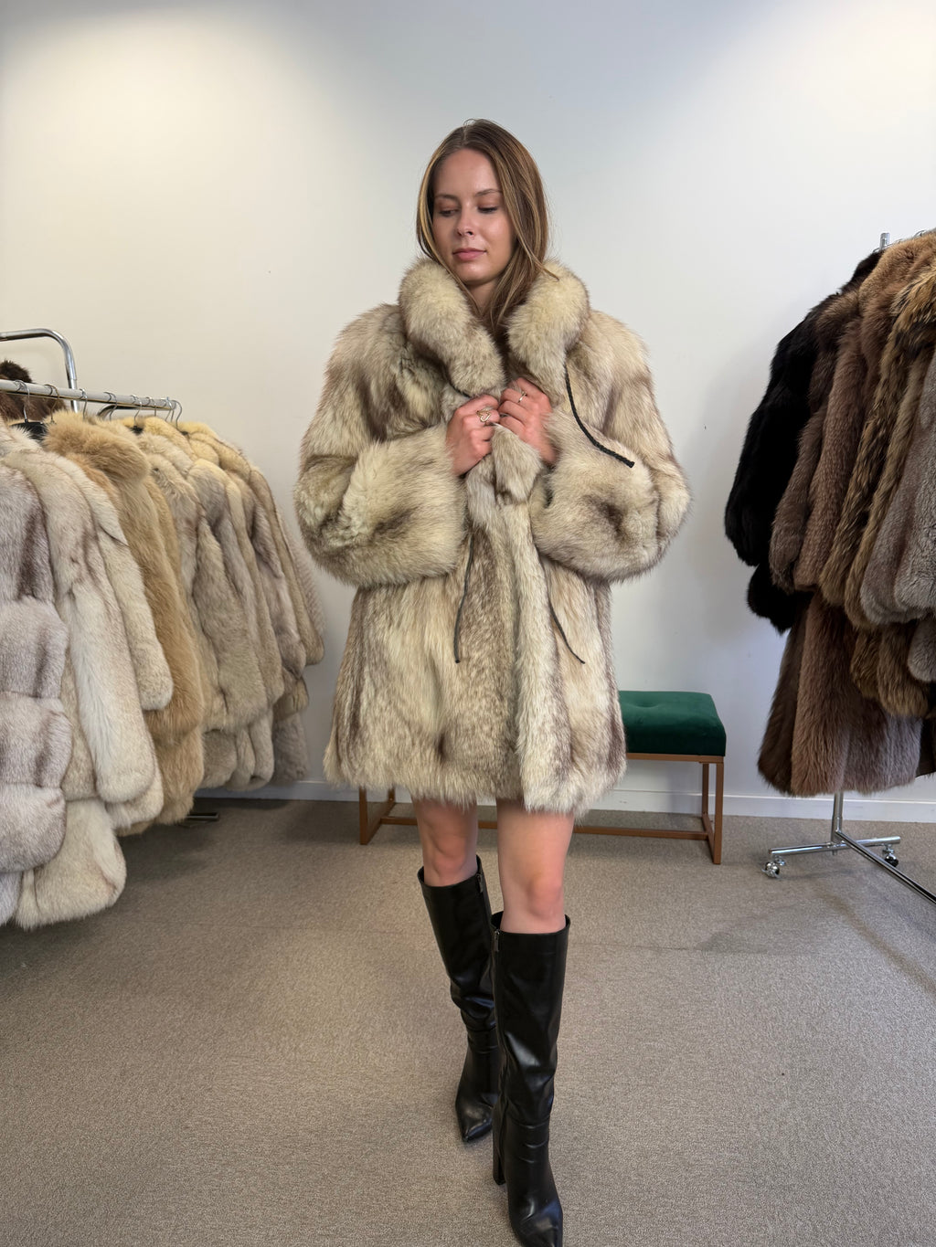 Blue Fox Fur Coat, White, Size L