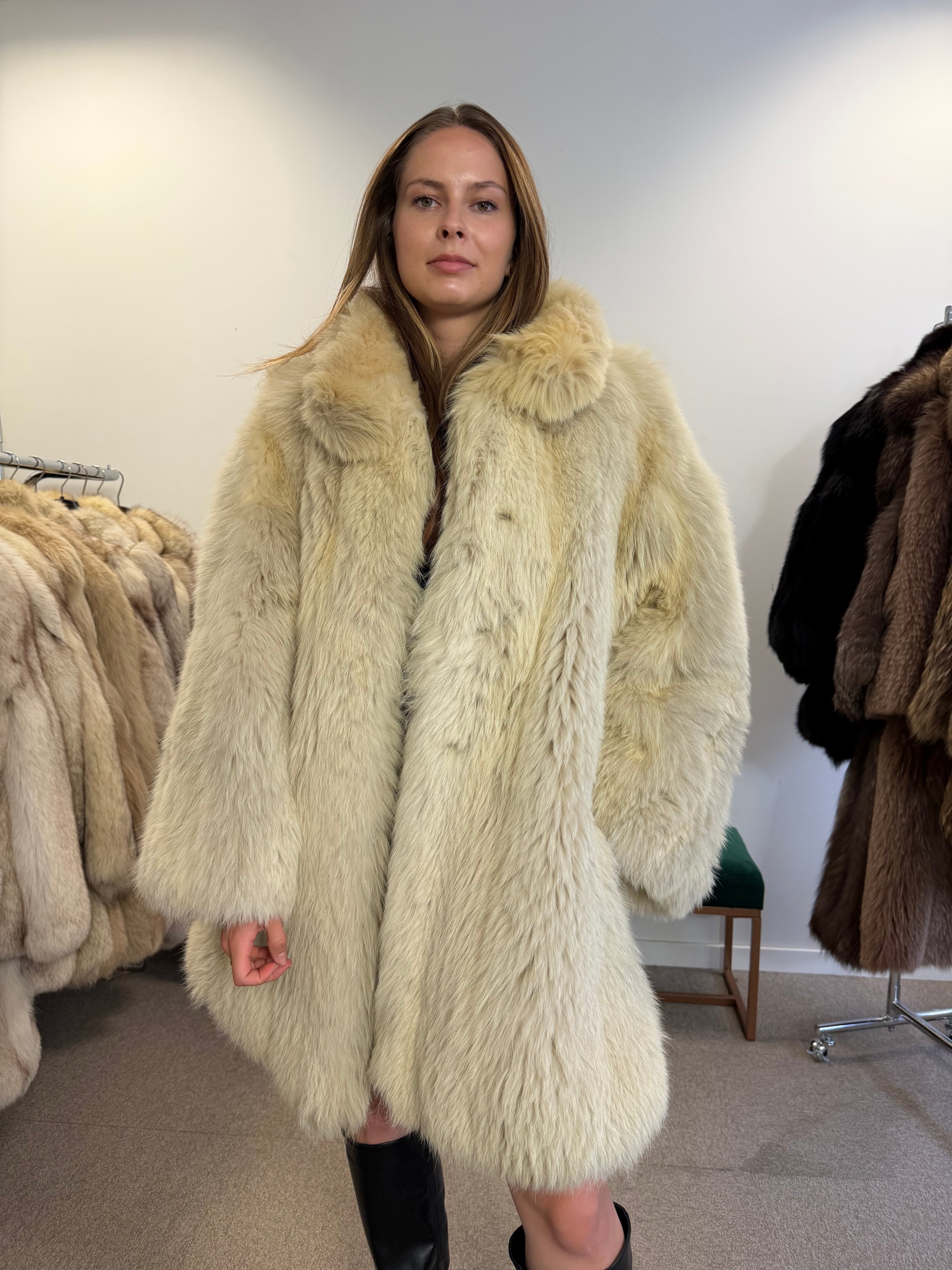 Fox Fur Coat, White, Size XL