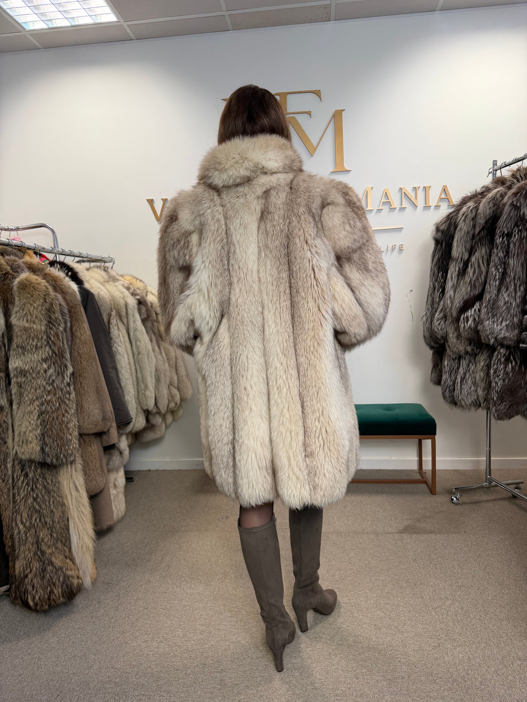 White Fox Fur Coat, Large, Brown Lining