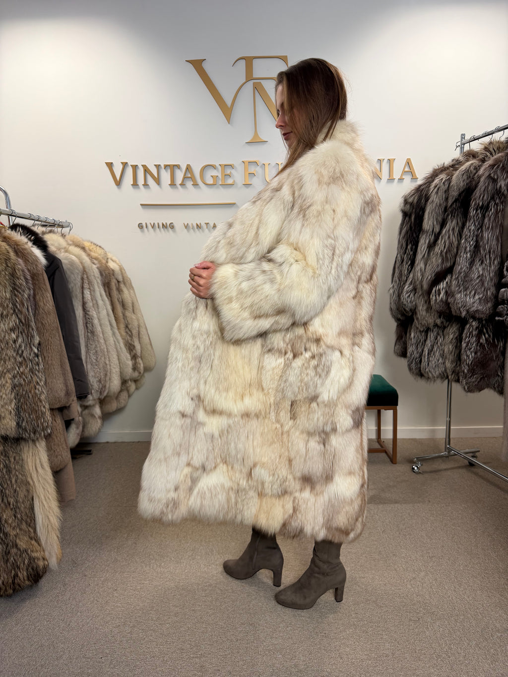 White Fox Fur Coat, Full Length, Pieced, Slim Medium