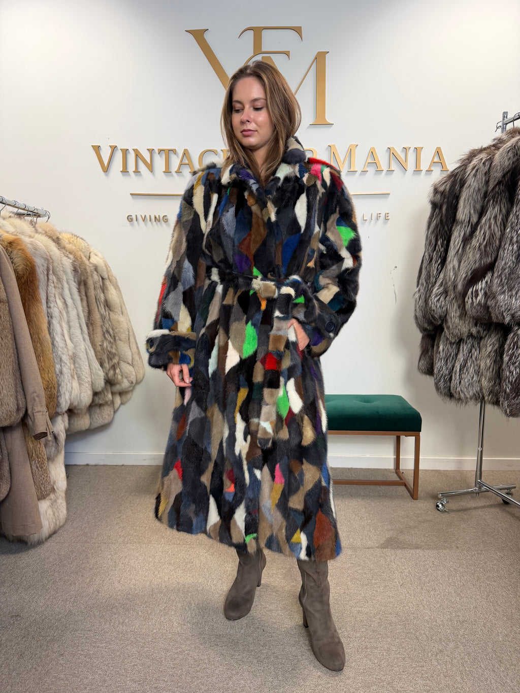 Mixed Colour Dyed Mink Fur Coat, XL, Full Length, Belted