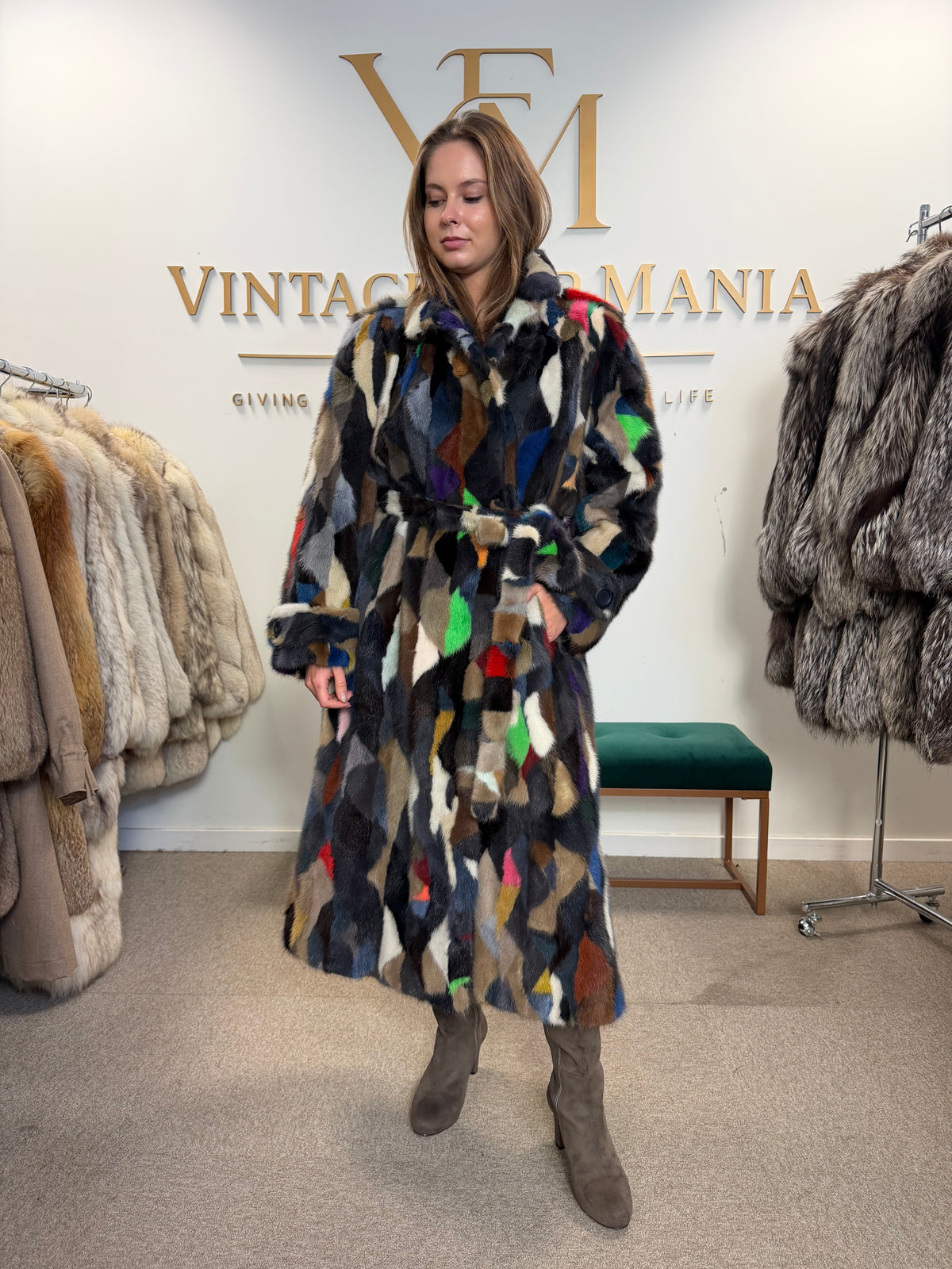 Mixed Colour Dyed Mink Fur Coat, XL, Full Length, Belted