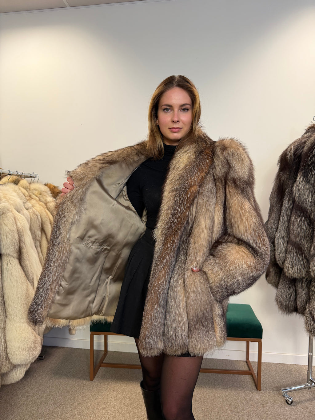 Crystal Fox Real Fur Coat, Size L, Frost White