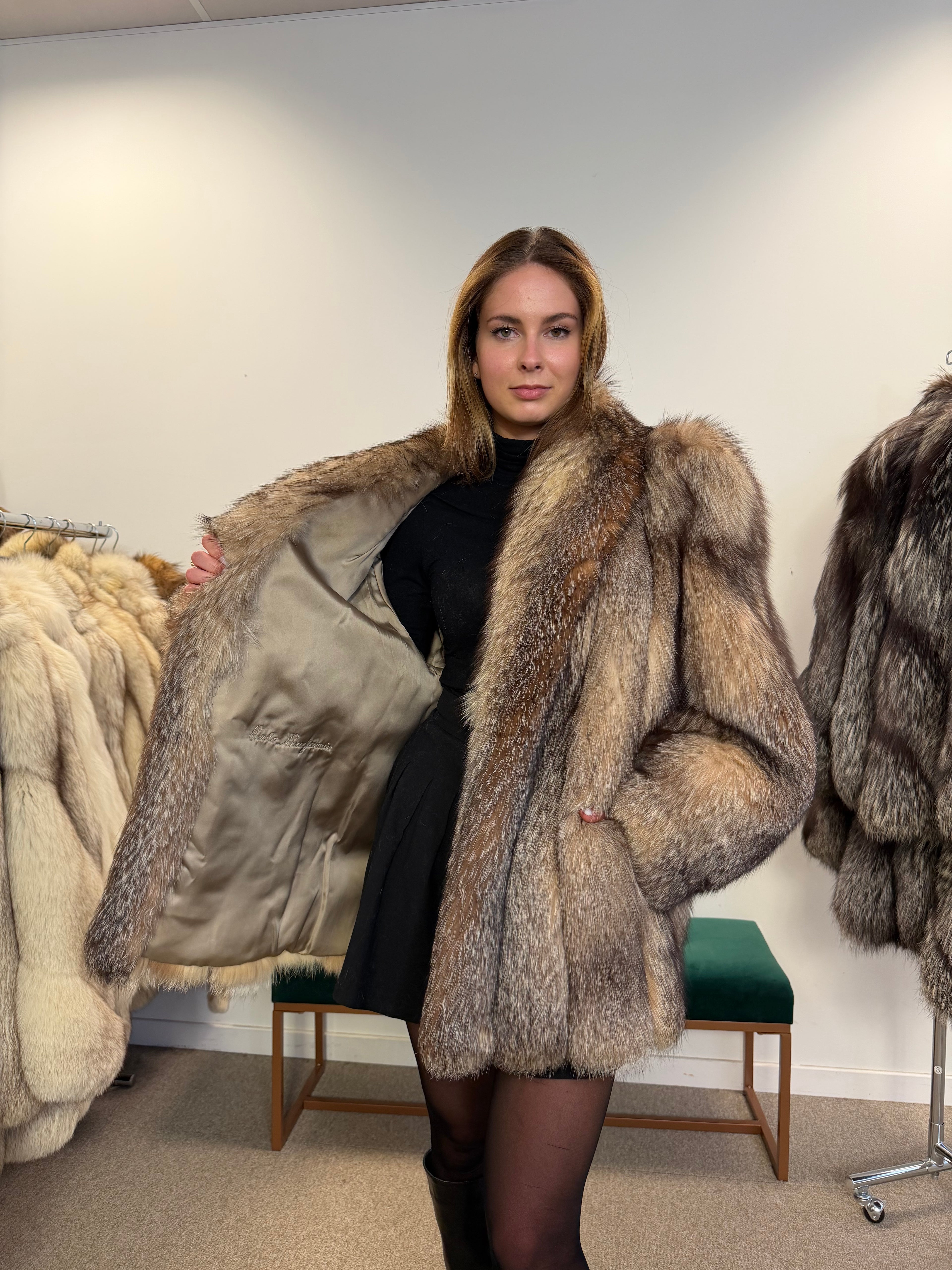 Crystal Fox Real Fur Coat, Size L, Frost White
