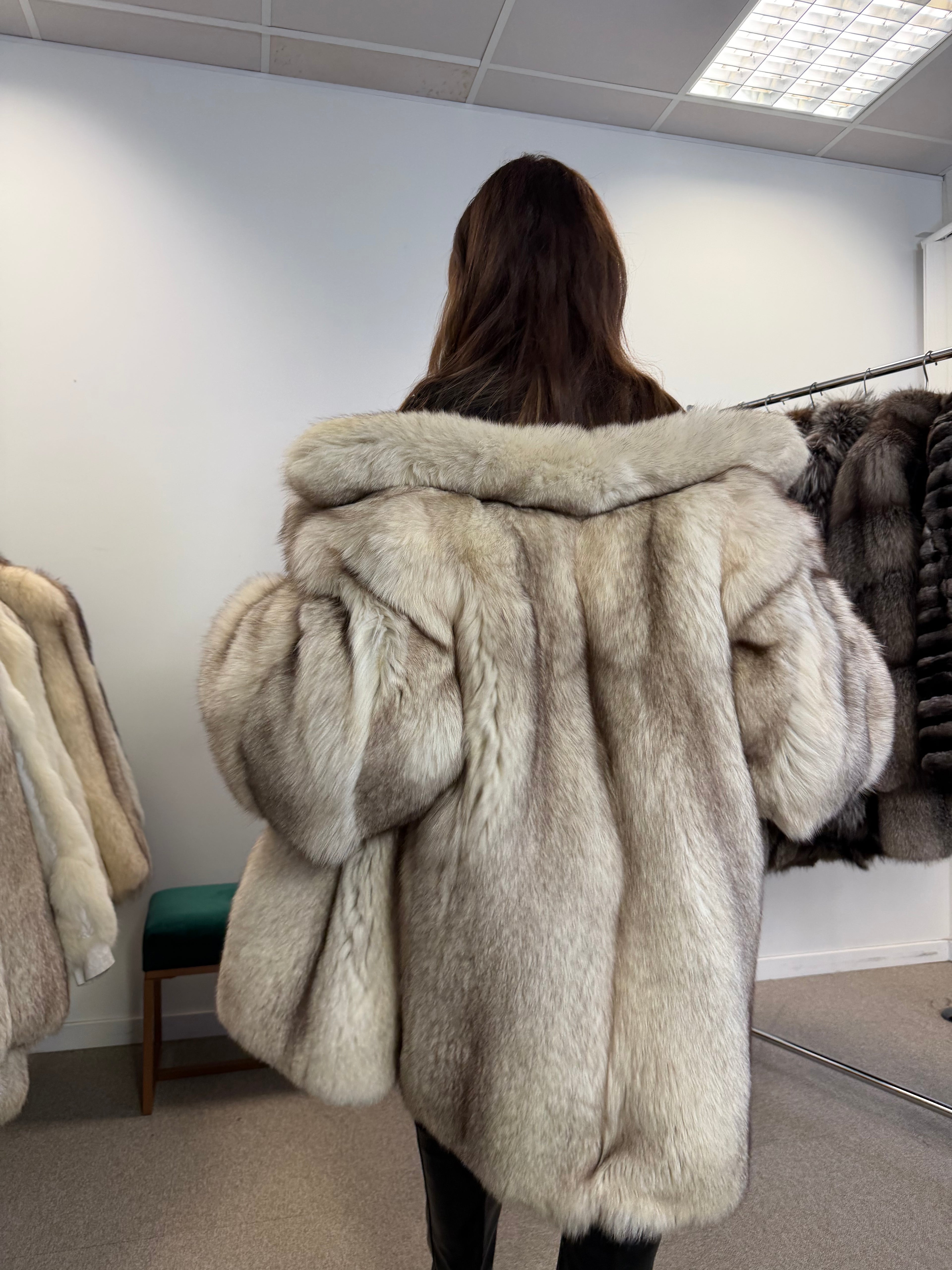 White Blue Fox Fur Coat, Size XL