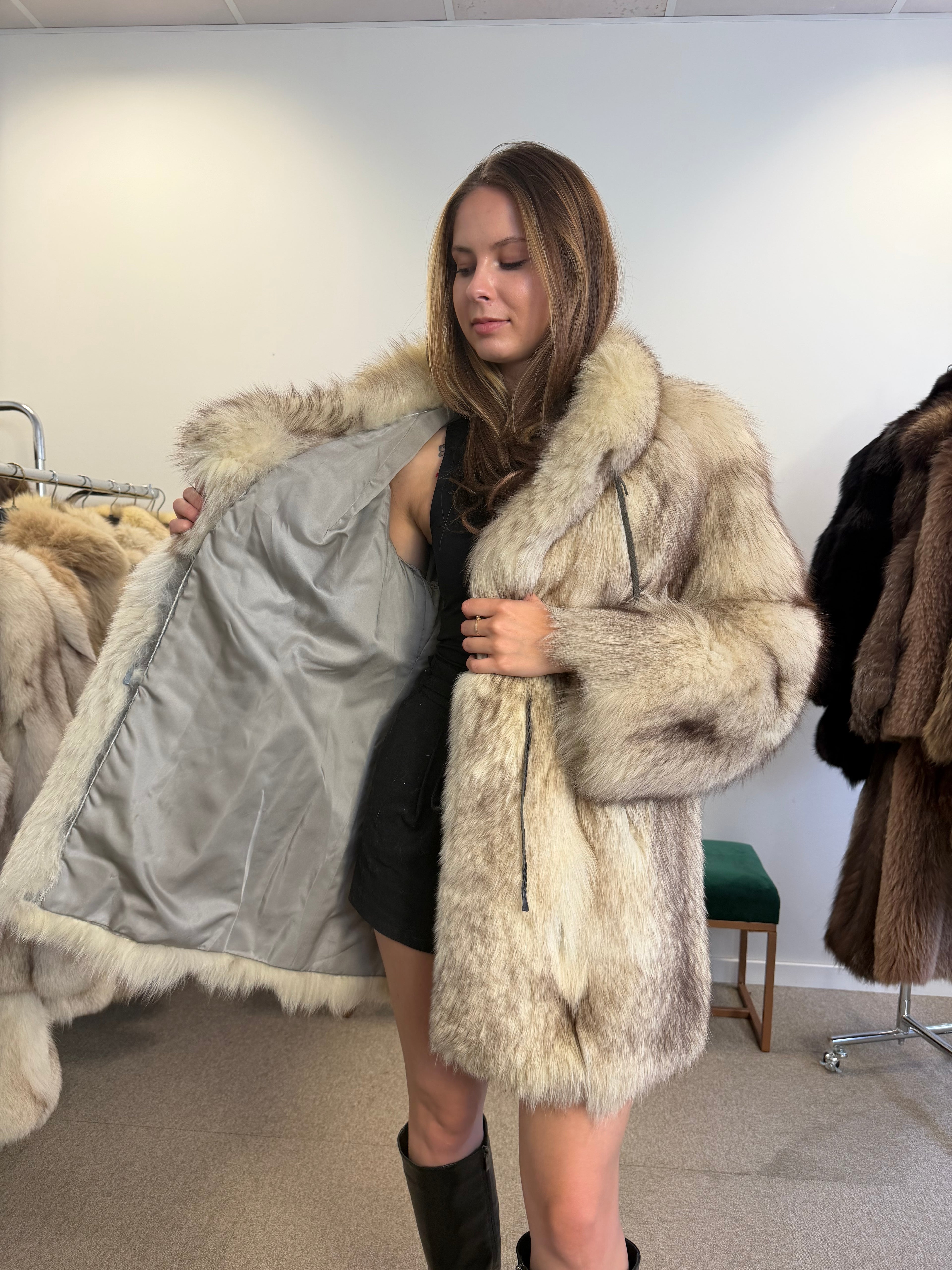 Blue Fox Fur Coat, White, Size L