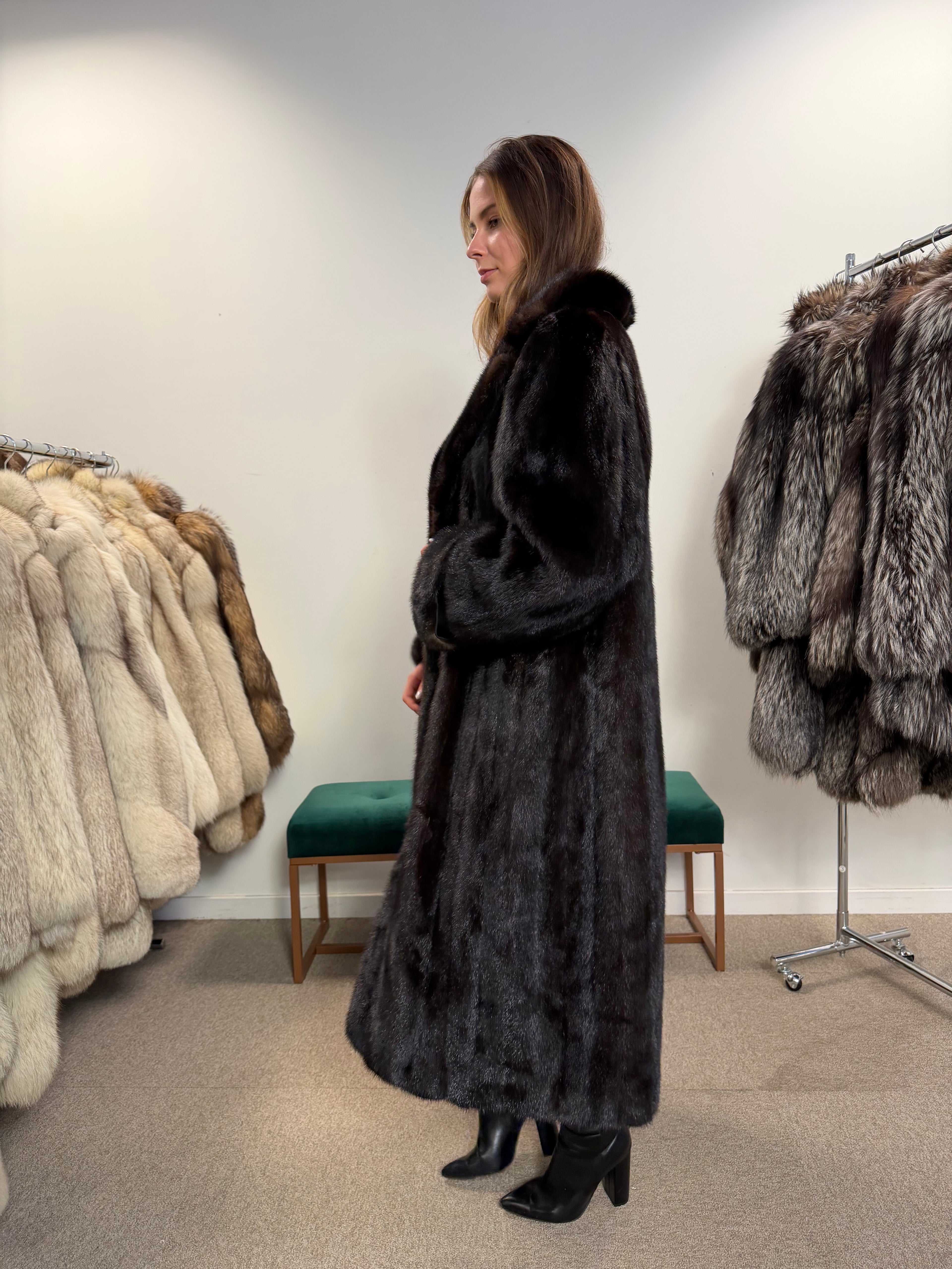 Mink Fur Coat, Dark Brown, Full Length, Size L