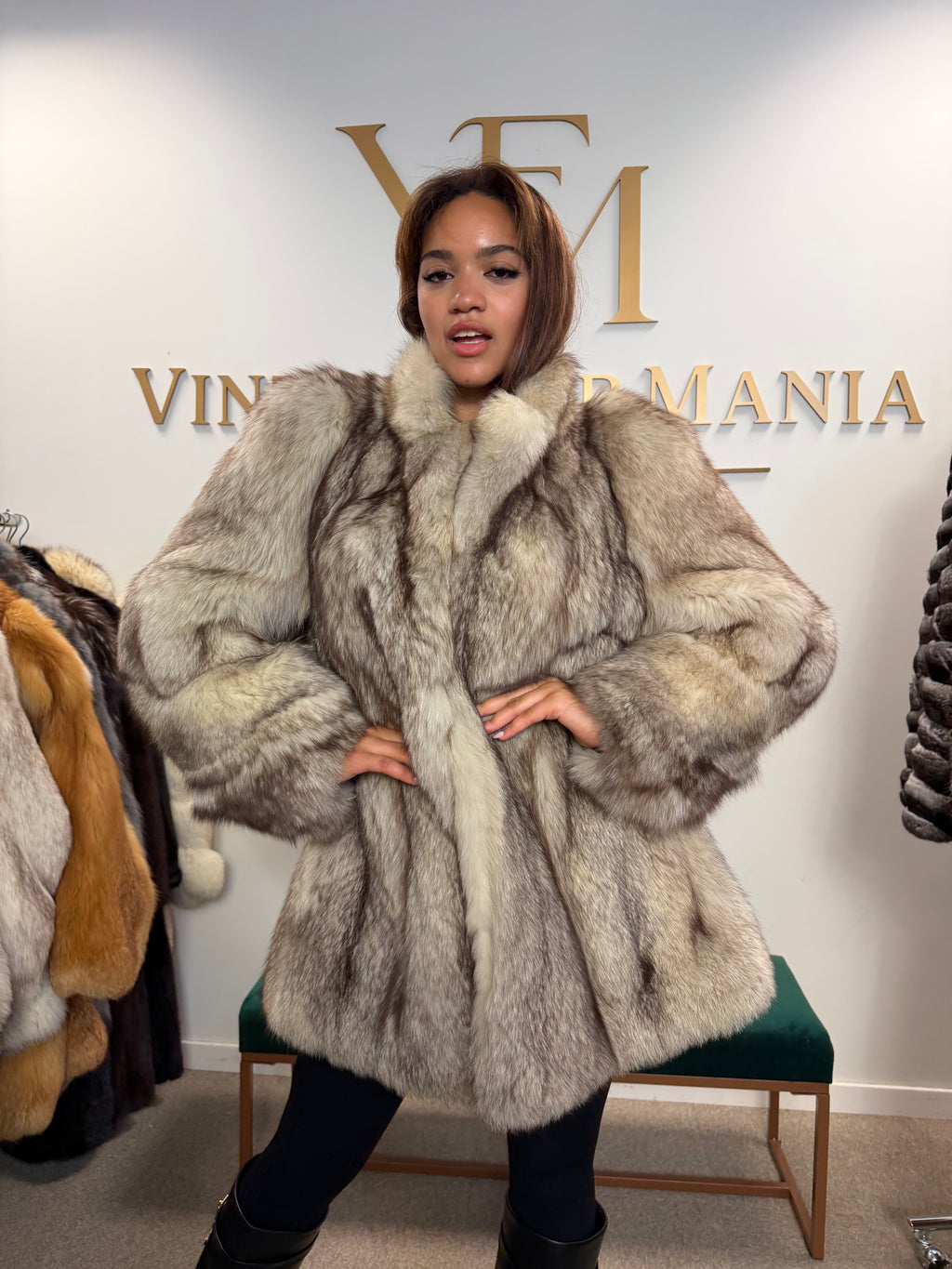 White Blue Fox Fur Coat, Dark Reflection, Medium