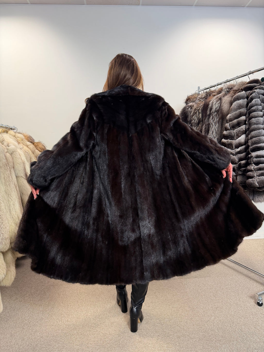 Mink Fur Coat, Dark Brown, Size M