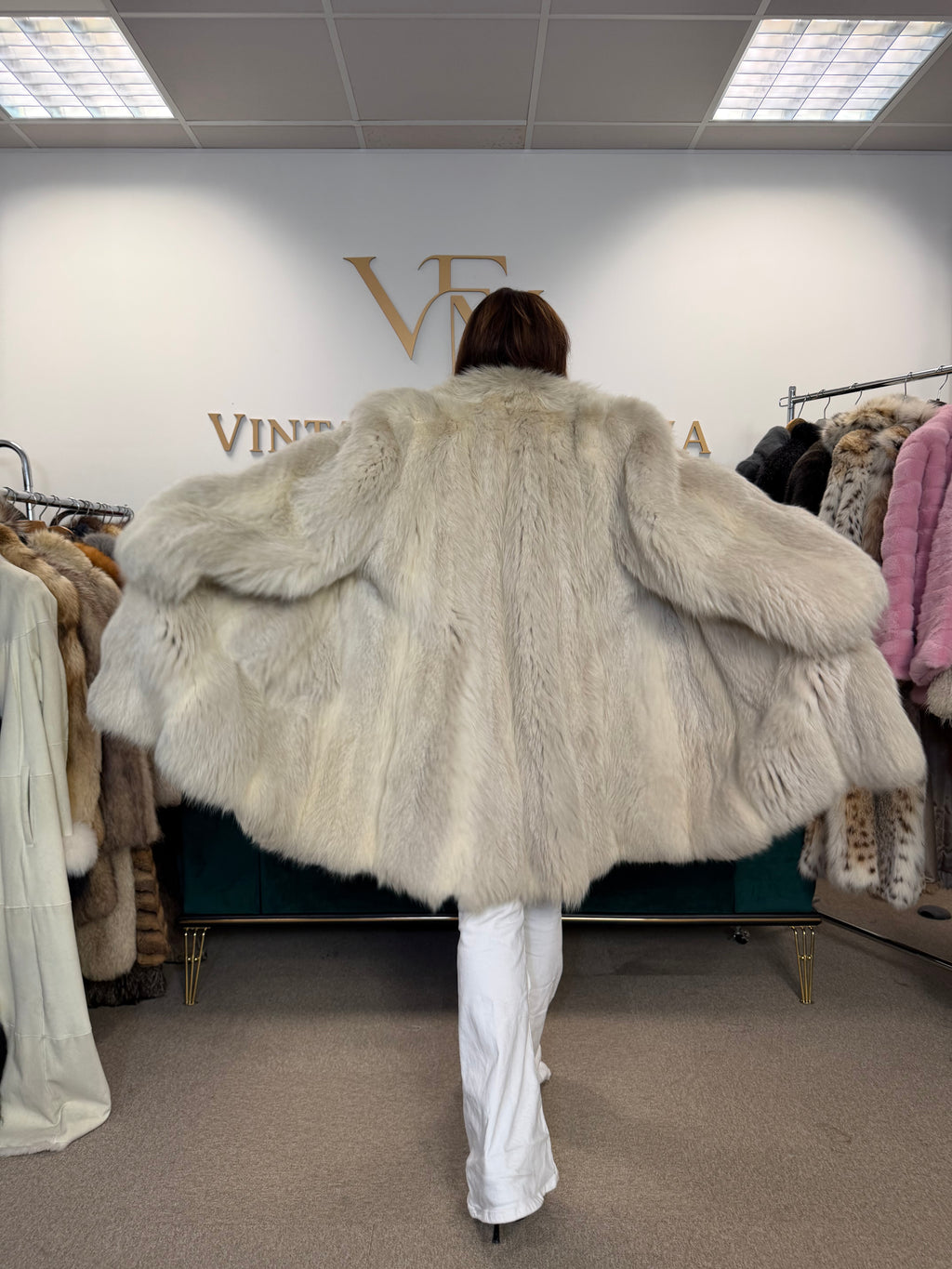 White Nordic Fox Fur Coat, One Size up to 4XL, Open Front
