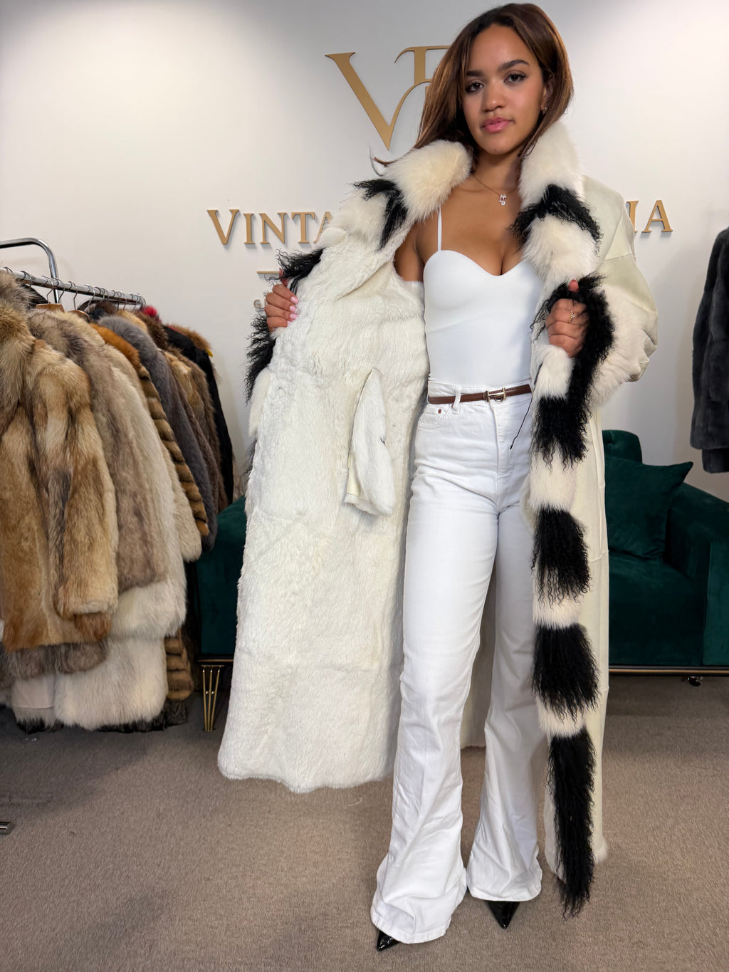 Shearling Sheepskin Coat with Fox & Shearling Collar, Medium, Full Length