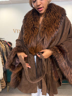 Lamb Nappa Leather Cape with Finn Raccoon & Fox, XL, La Mia