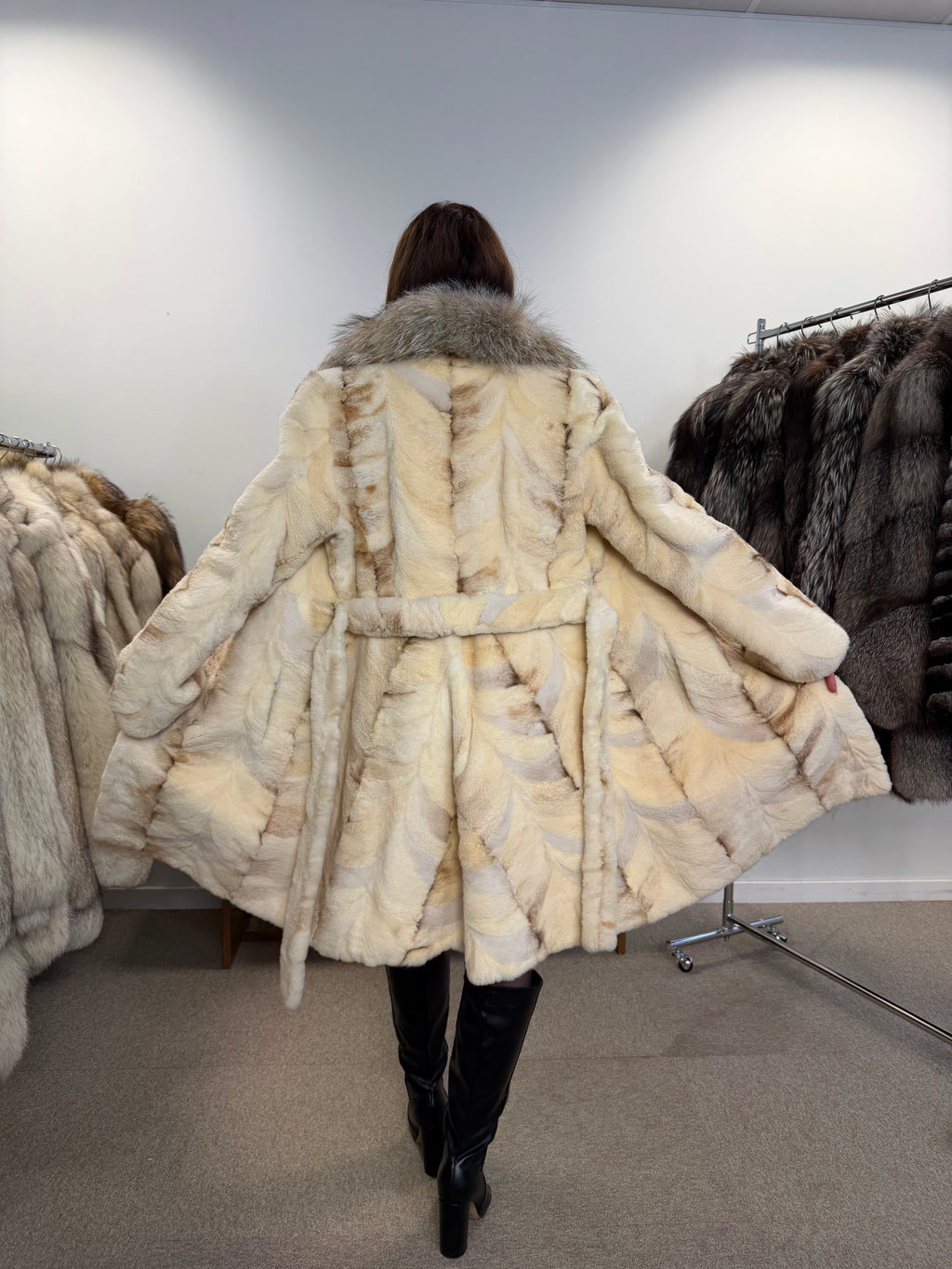 Mink Fur Coat, Sheared White, Fox Collar, Size M
