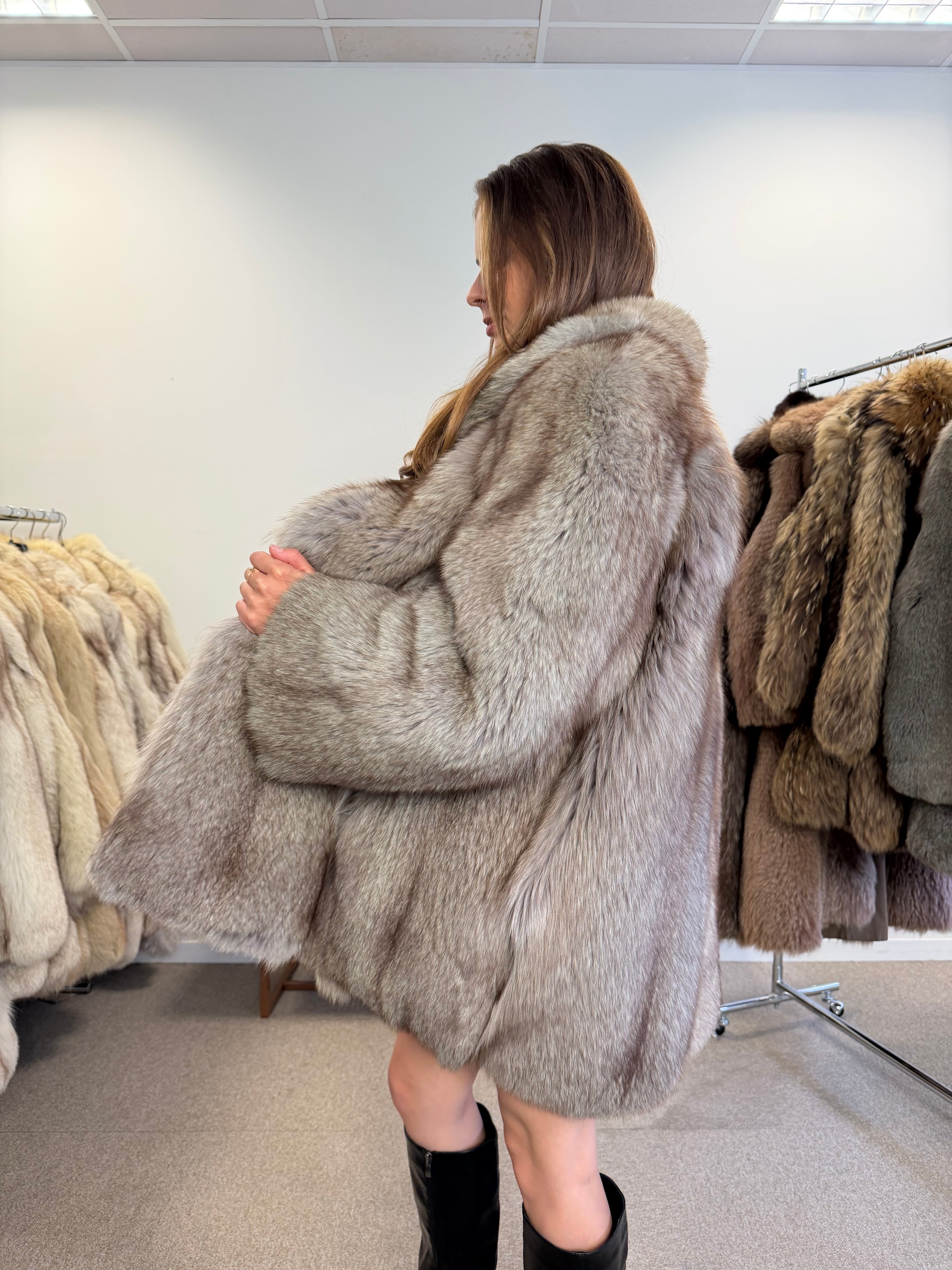 Blue Fox Fur Coat, Light Blue, Size M
