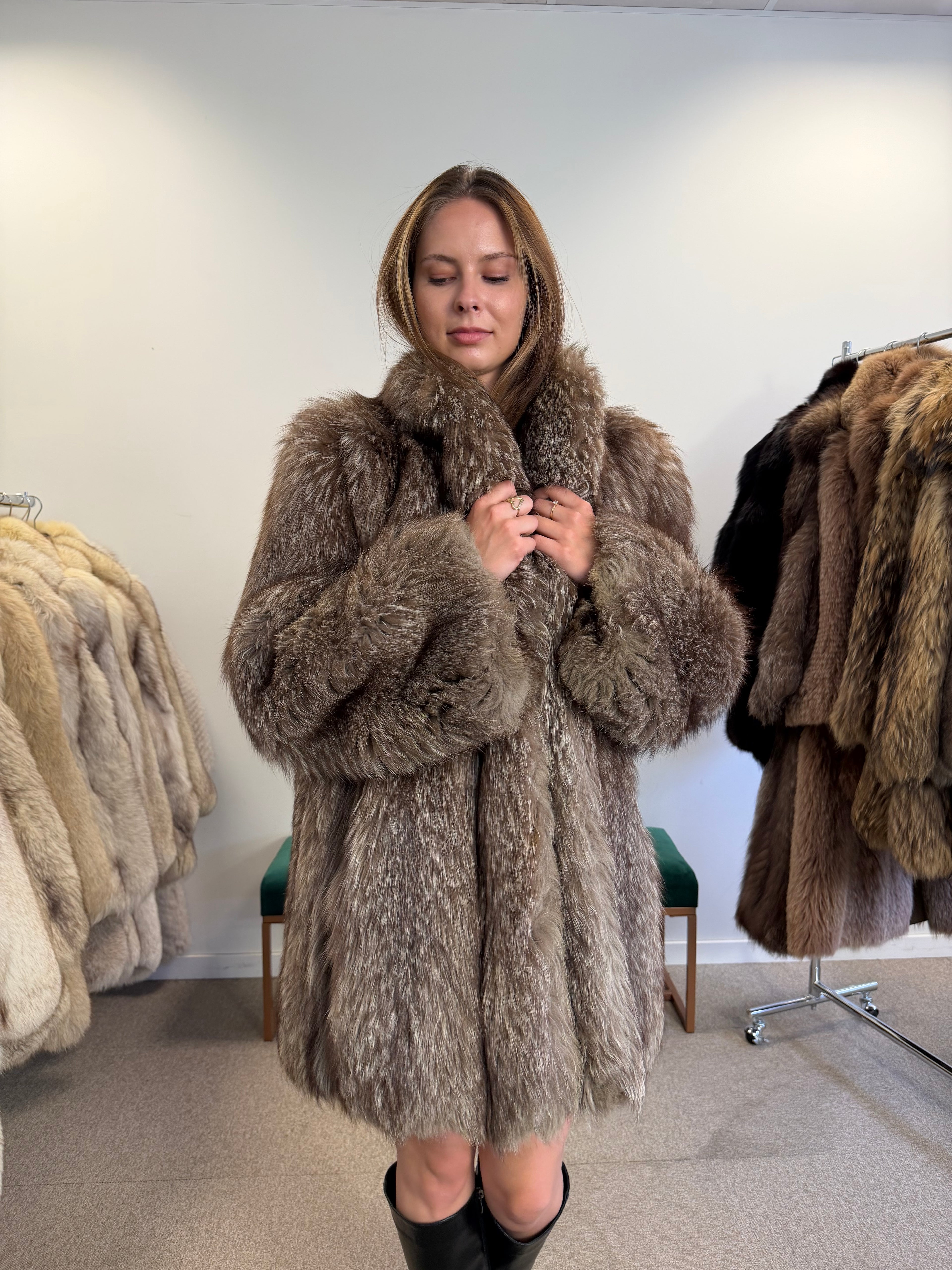 Real Silver Fox Fur Coat, Hip Length, Size L