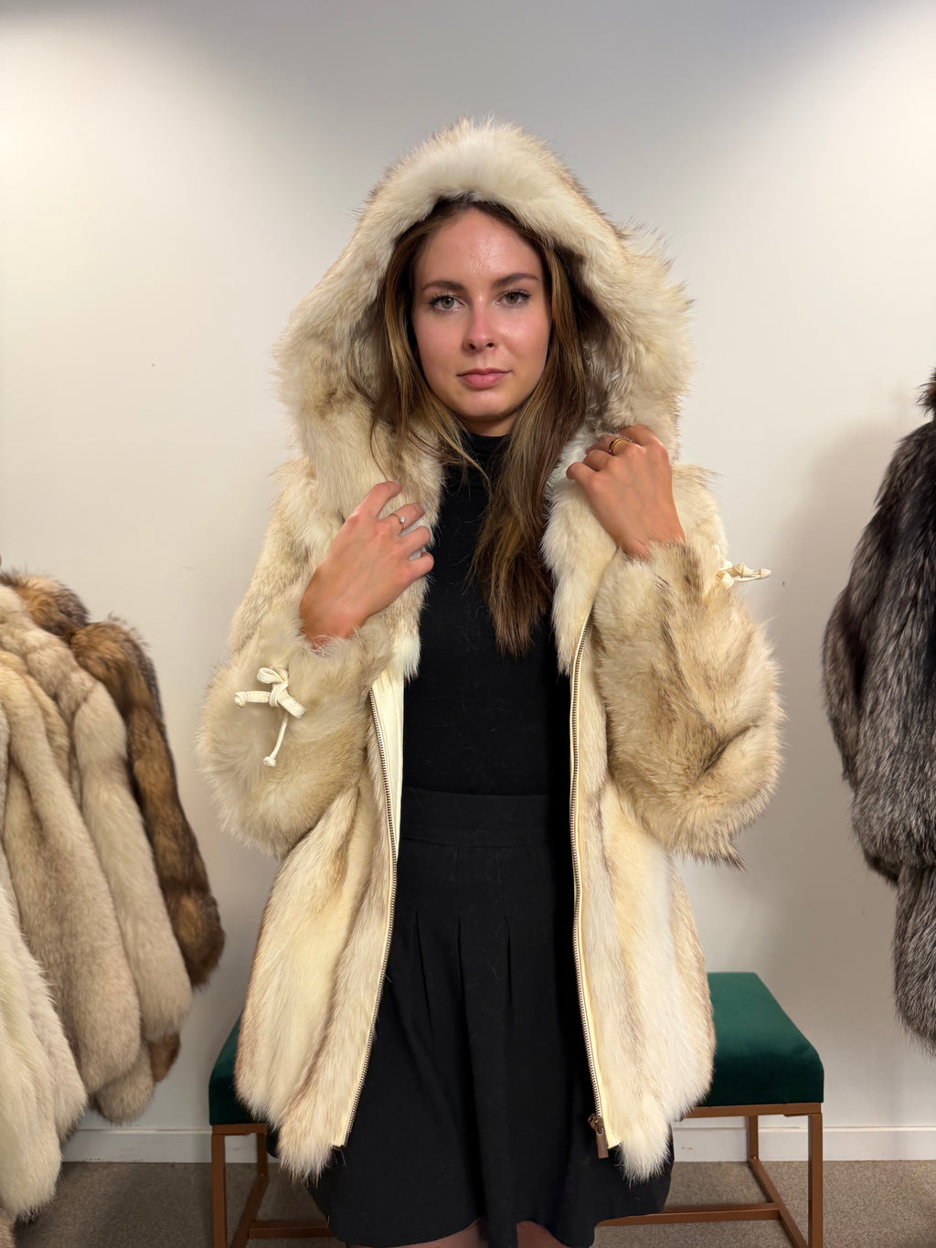 White Fox Fur Jacket, Hooded, Size M