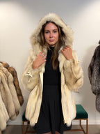 Fox Fur Jacket, White, Hooded, Size M