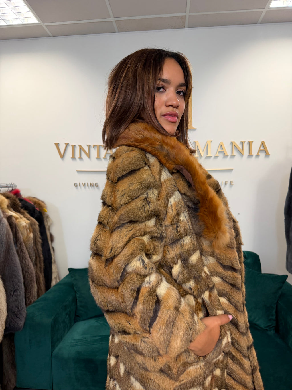 Hamster Fur Coat with Red Fox Collar, Medium, Rare Luxury