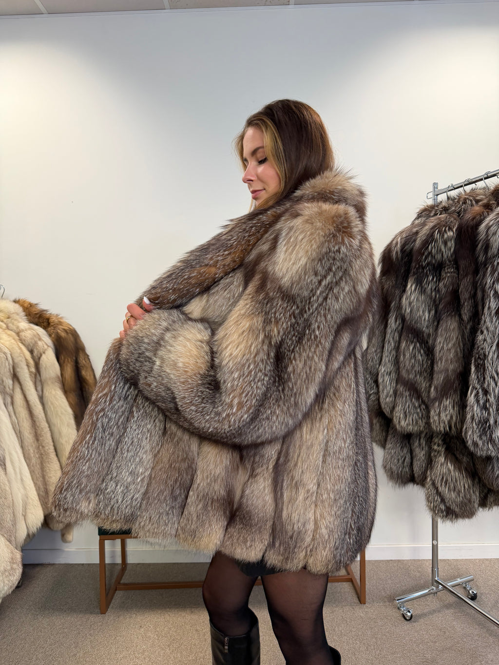 Crystal Fox Real Fur Coat, Size L, Frost White