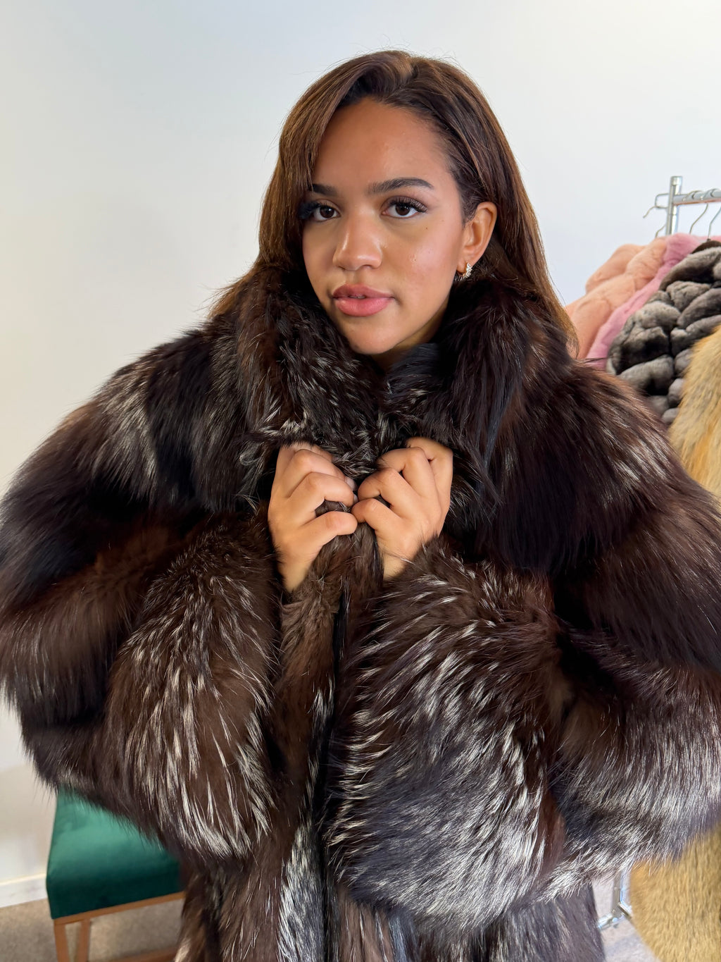 Silver Fox Fur Coat, Dark, Size XL