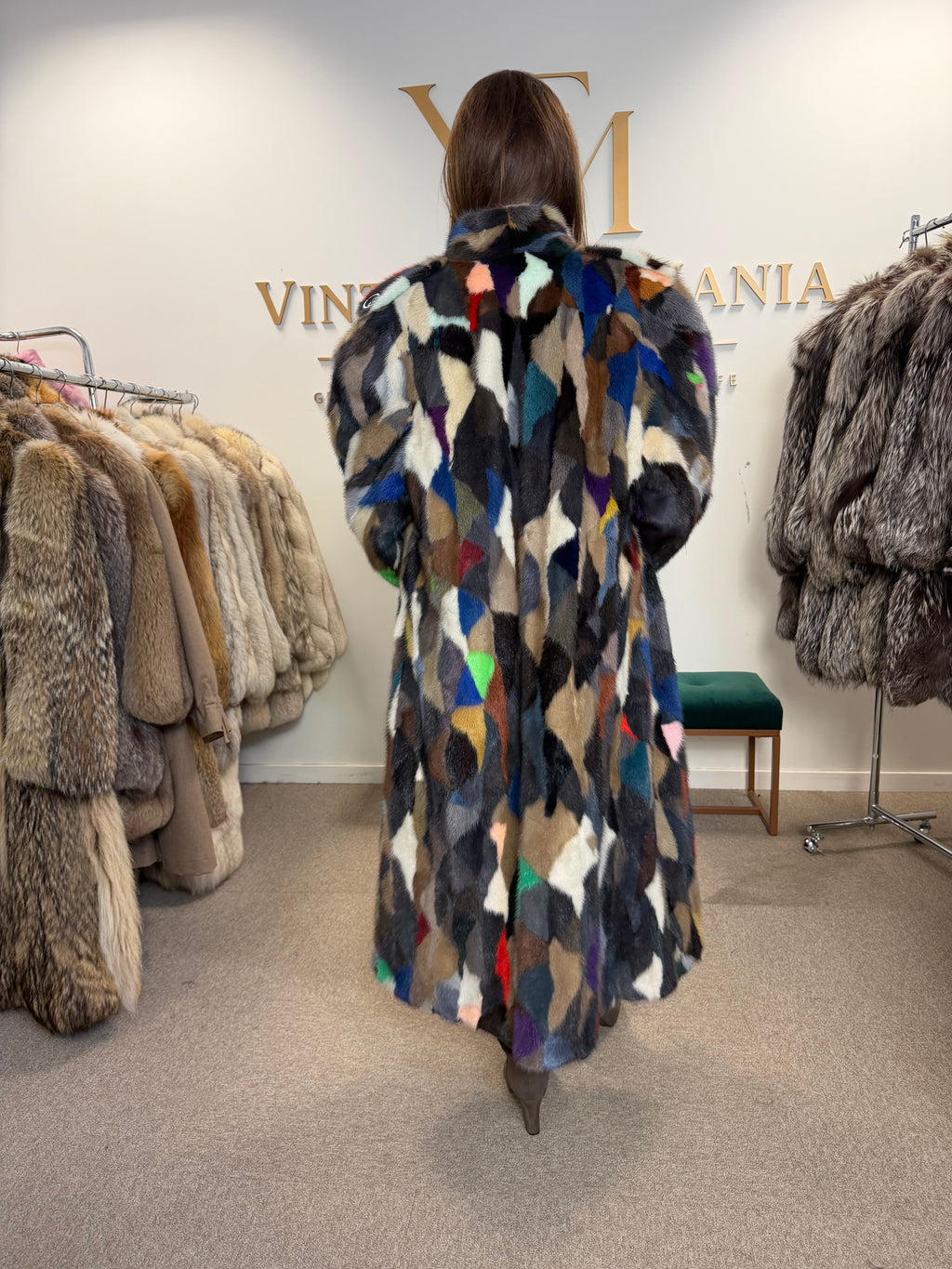 Mixed Colour Dyed Mink Fur Coat, XL, Full Length, Belted