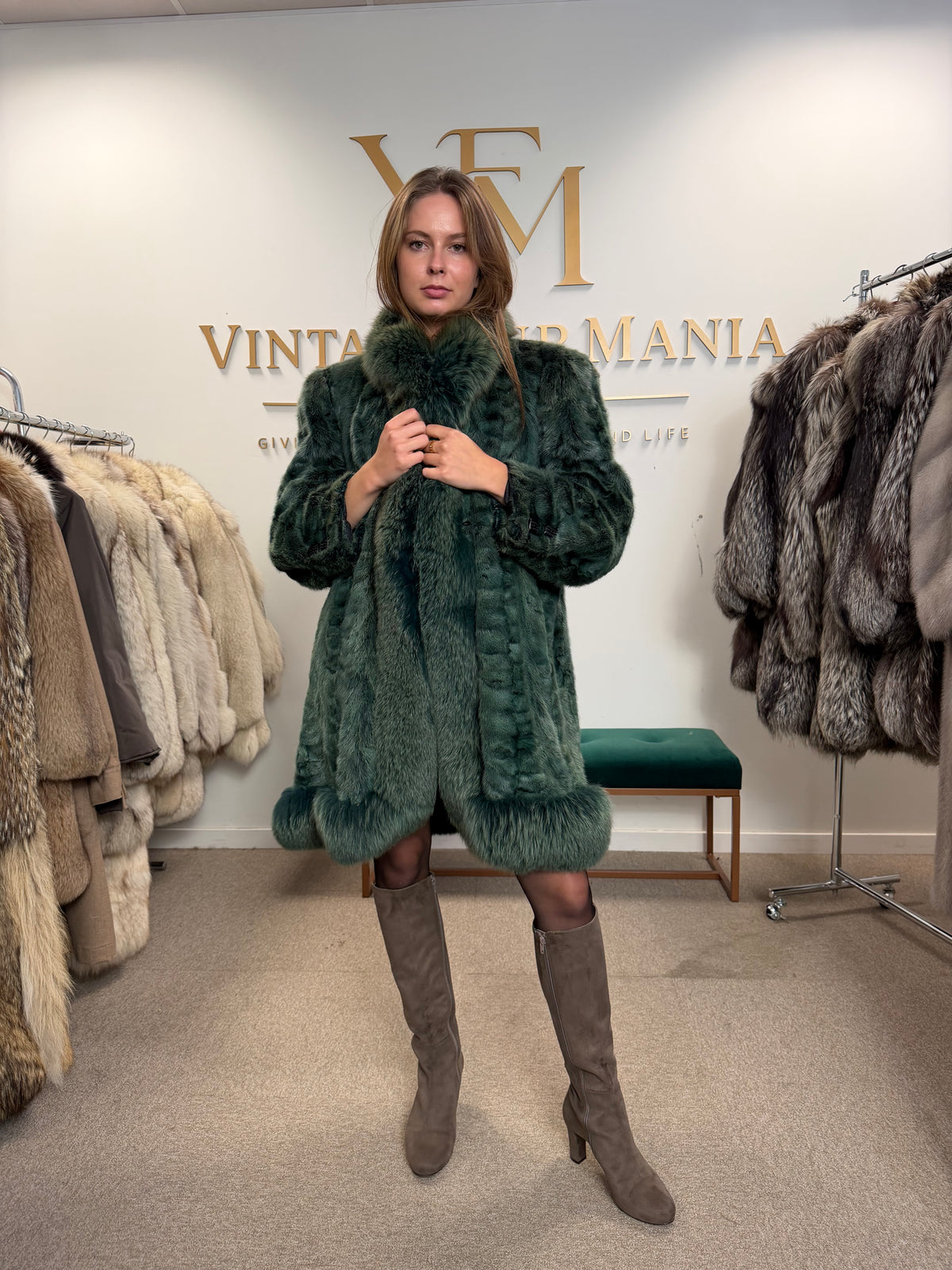 Green Dyed Mink Fur Coat with Fox Collar, XL