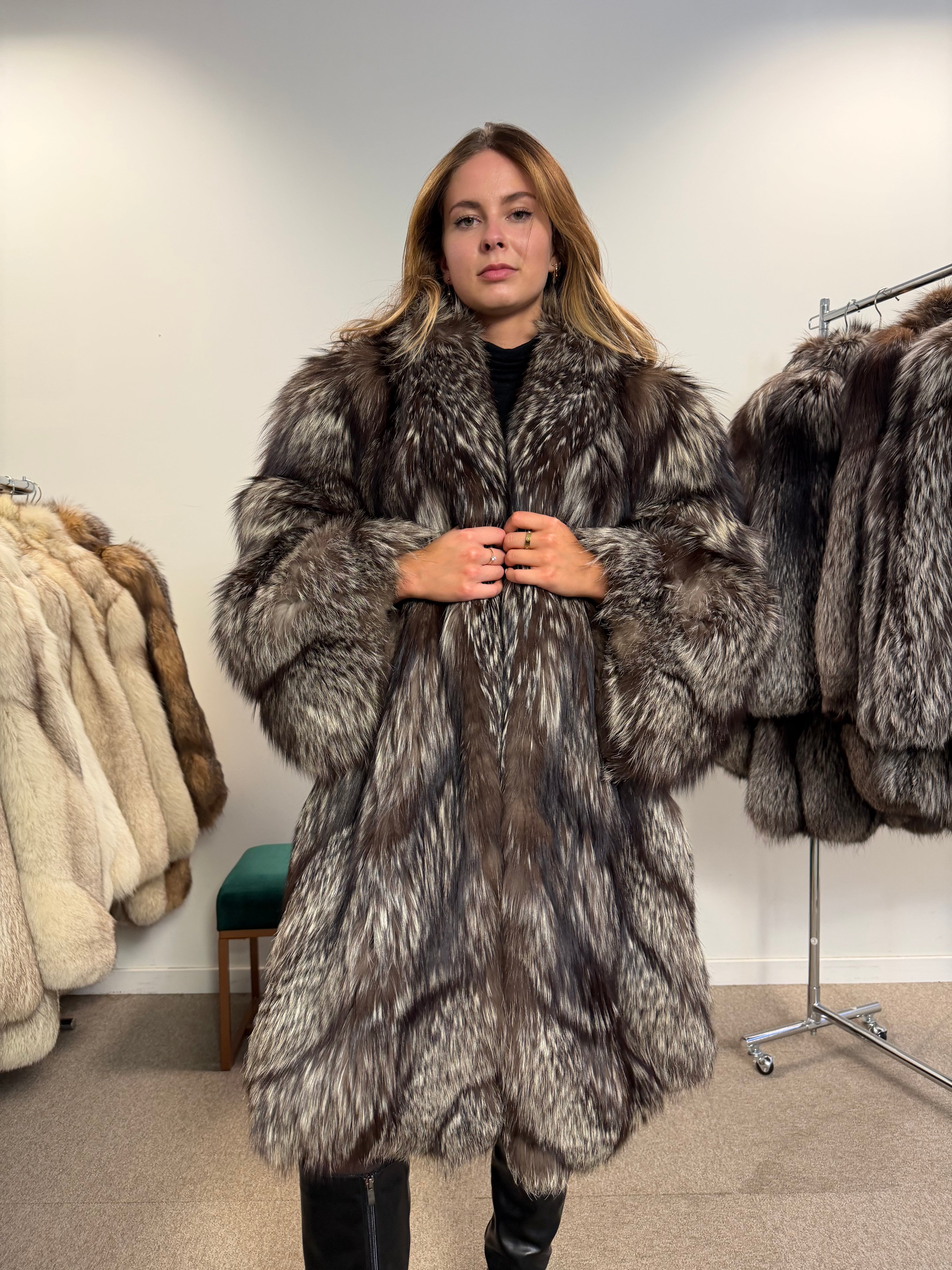 Silver Fox Real Fur Coat, Size XXL, Full Length Shawl Collar