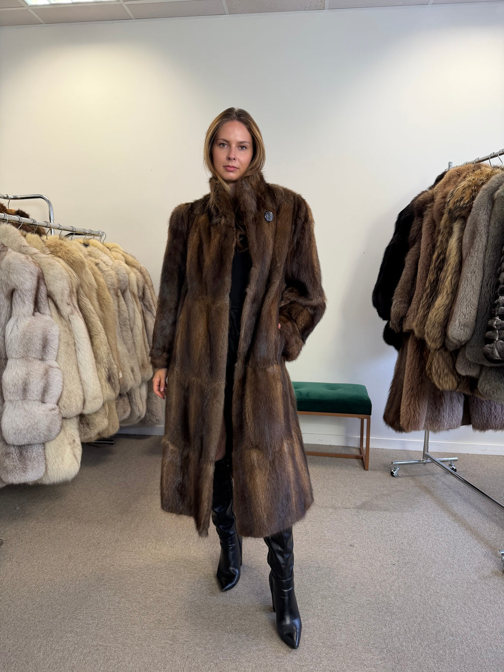Brown Beaver Fur Coat, Full Length, XL Fits M to L