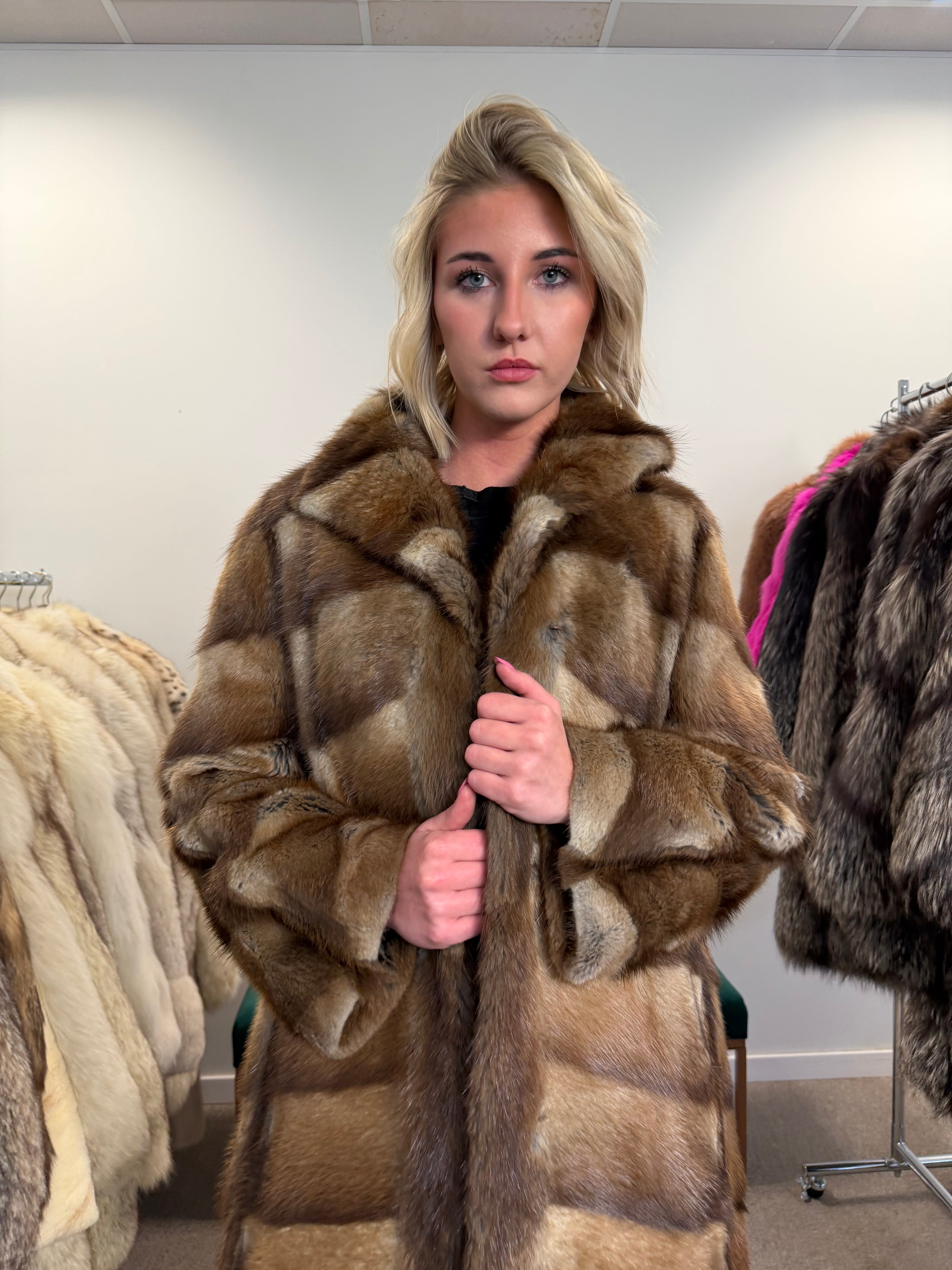 Muskrat Fur Coat, Brown, Full Length, Size S