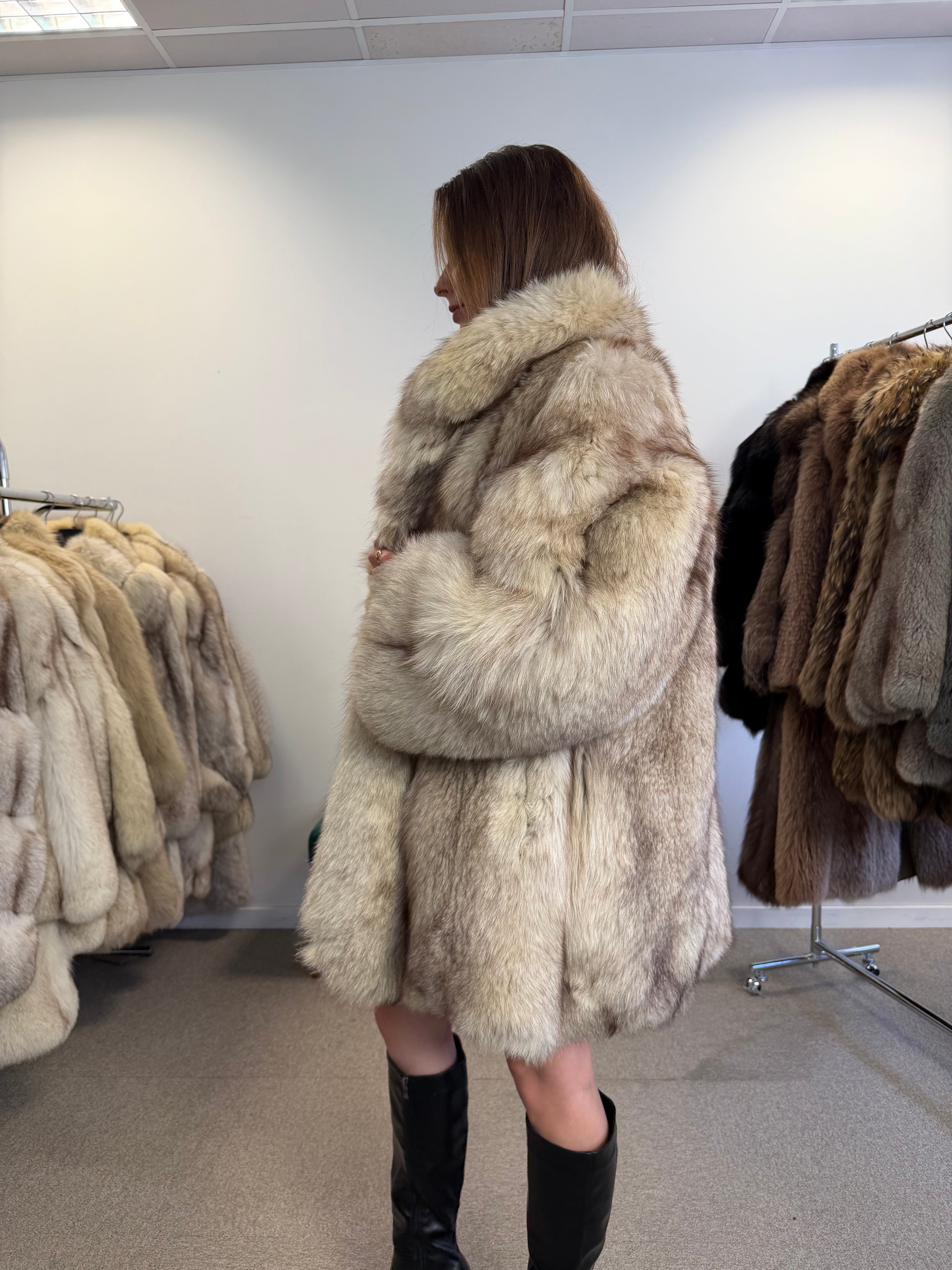 Fox Fur Coat, White, Size M