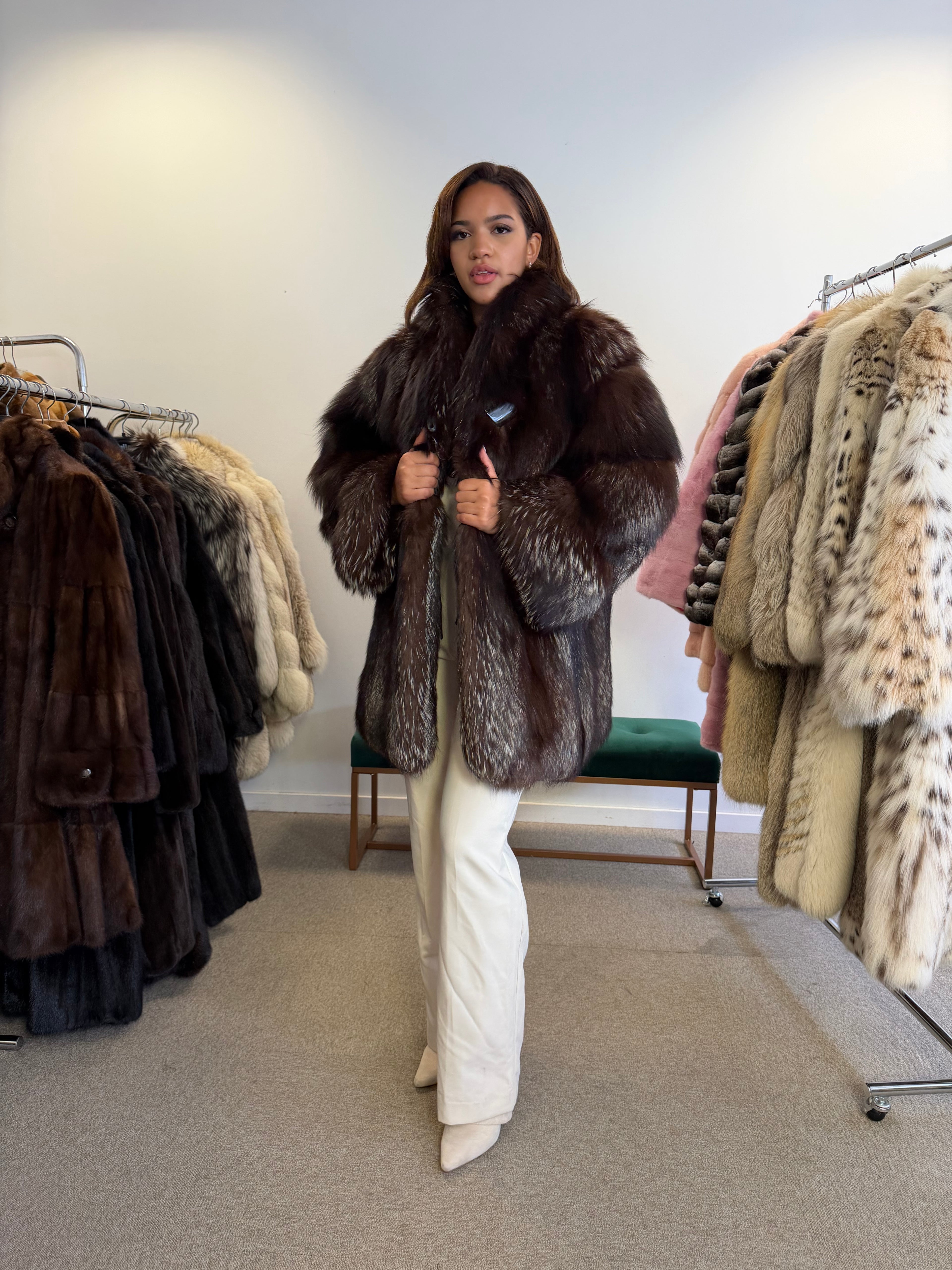 Silver Fox Fur Coat, Dark, Size XL