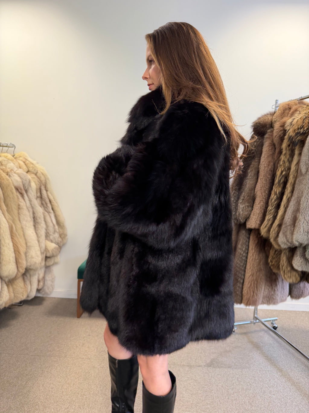 Fox Fur Coat, Black, Size L