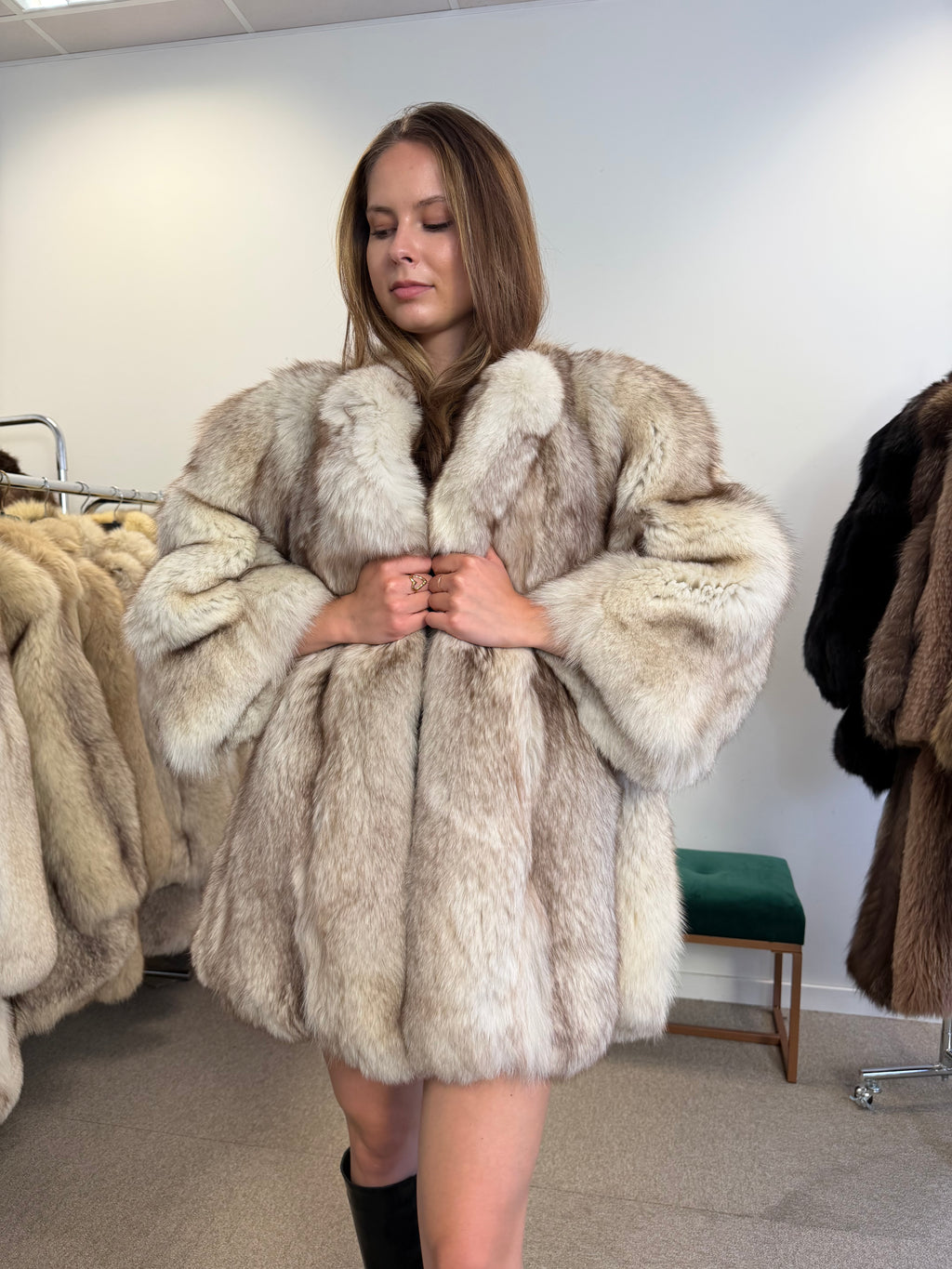 Blue Fox Fur Coat, Short Sleeves, Size XL