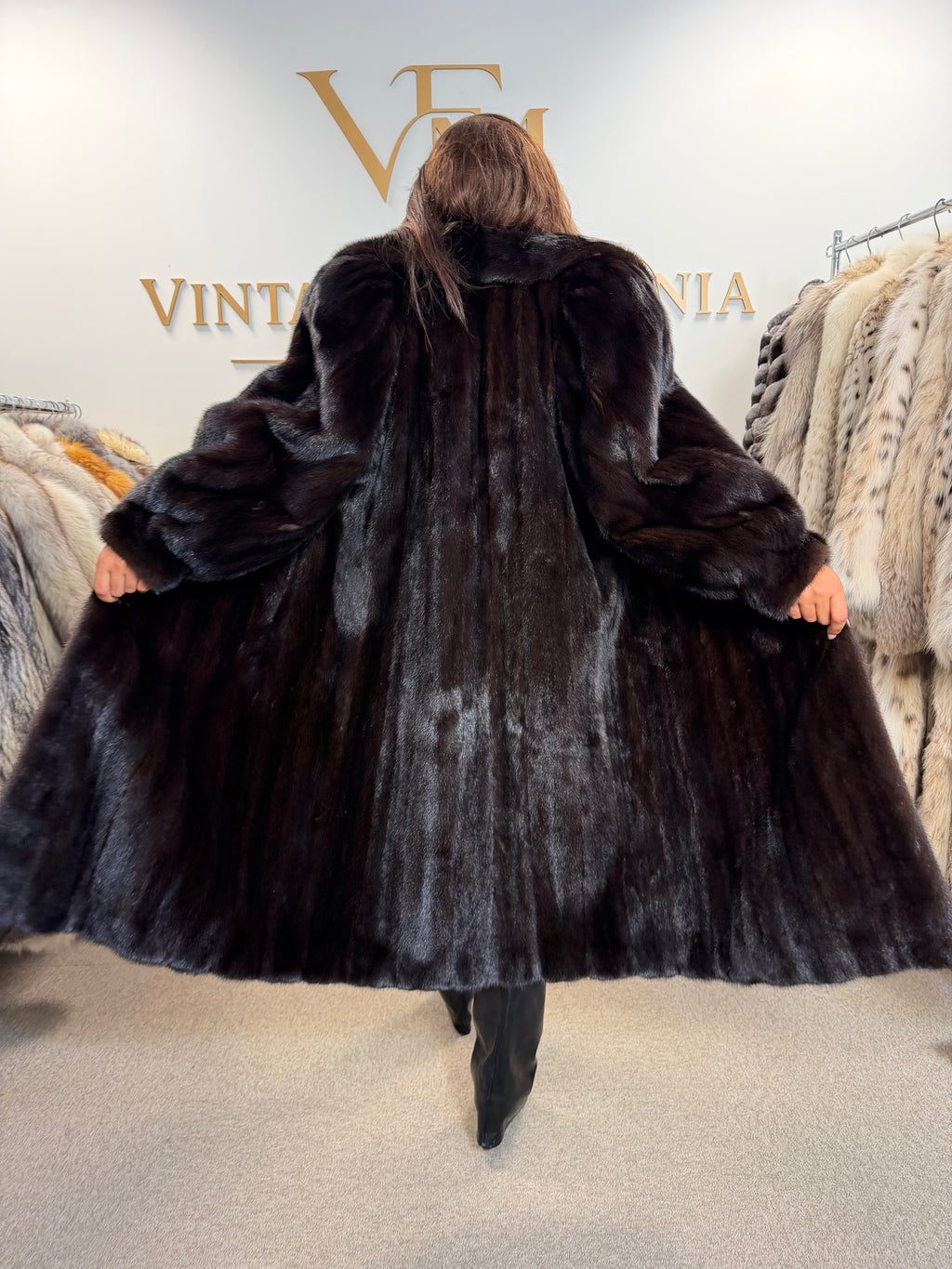 Mink Fur Coat, Dark Brown Almost Black, XL, Crown Lining