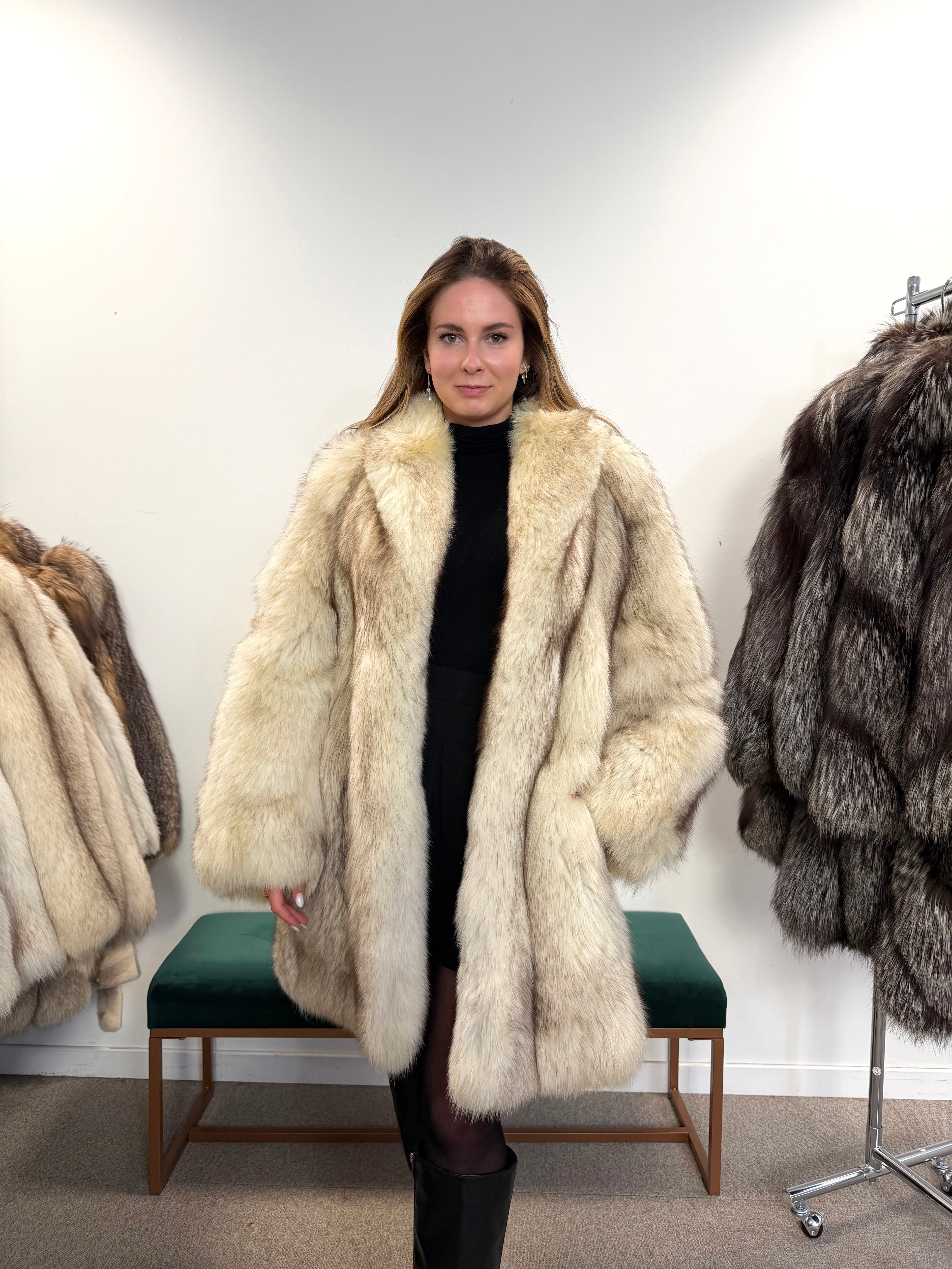 White Nordic Arctic Fox Fur Coat, Size L