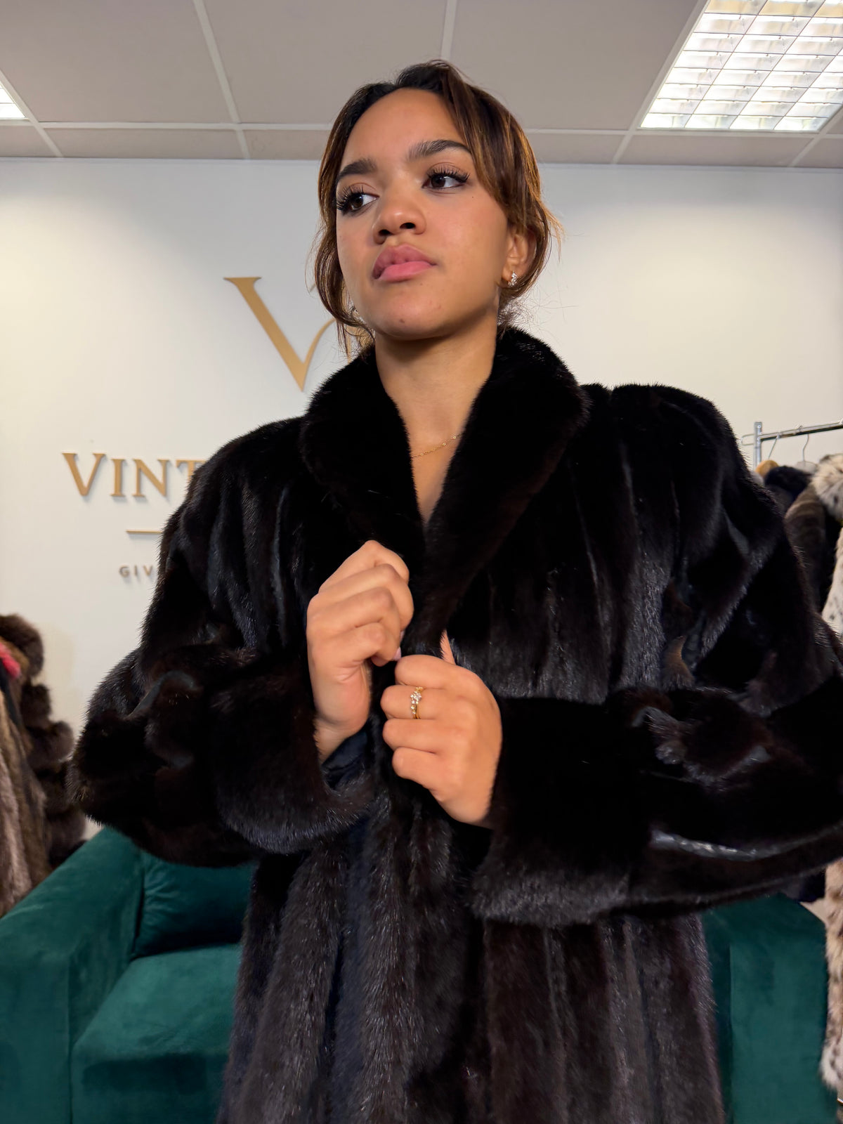 Dark Mink Fur Coat, Large, Swinger, Leather, Designer