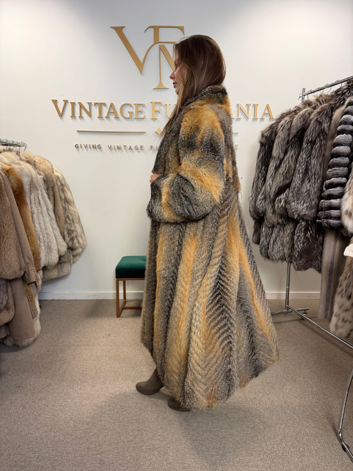 Grey Cross Fox Fur Coat, Large, Full Length
