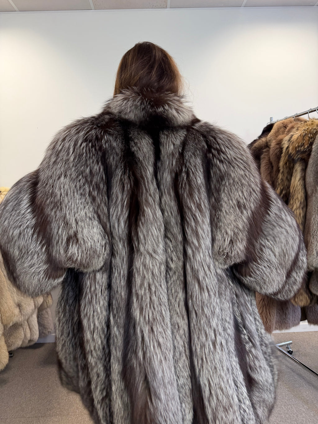 Real Silver Fox Fur Coat, Knee Length, Size L