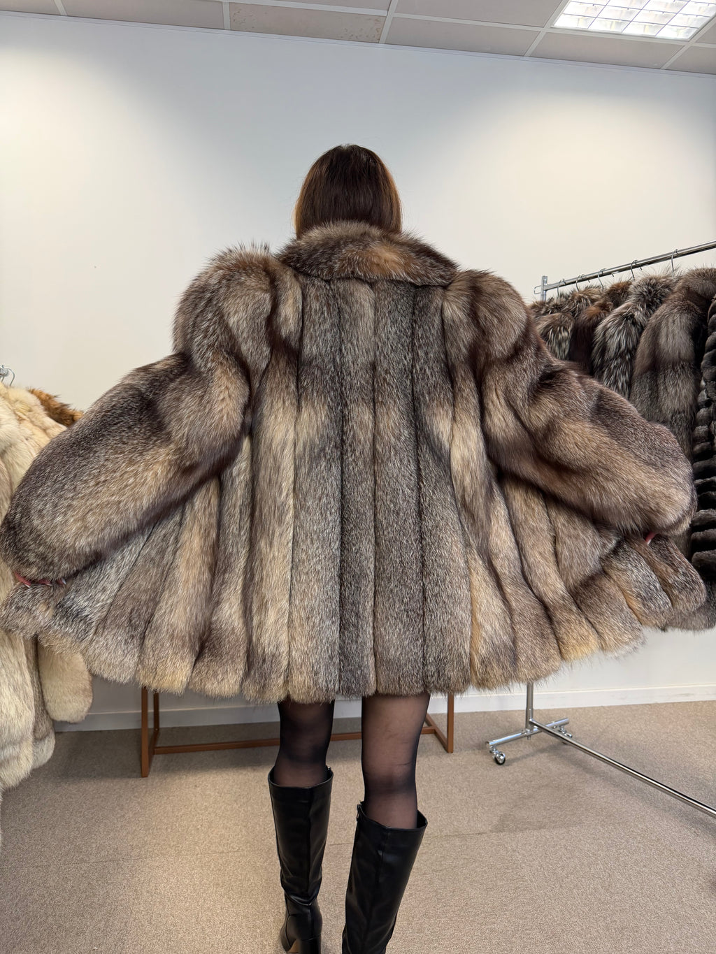 Crystal Fox Real Fur Coat, Size L, Frost White