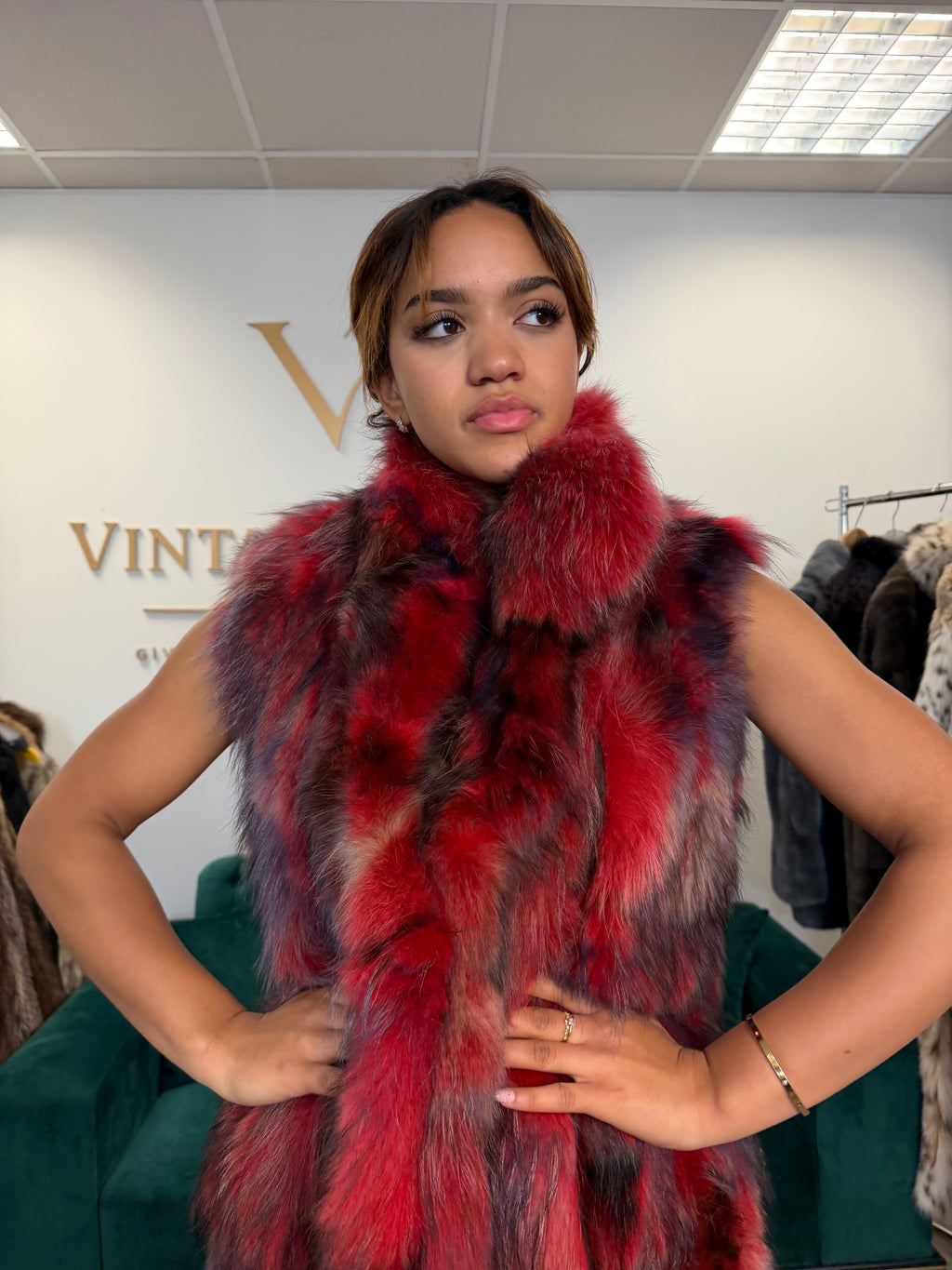 Red Dyed Fox Fur Vest, XL