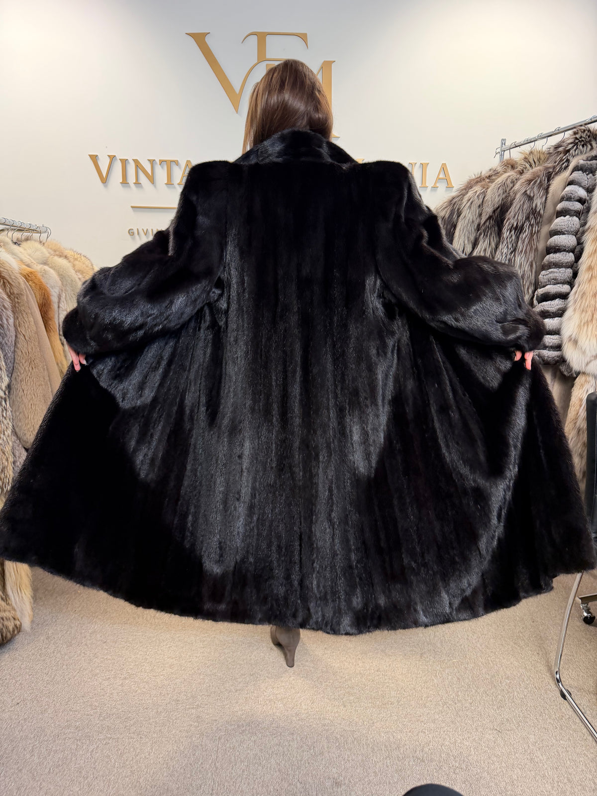 Almost Black Mink Fur Coat, XXL, Full Length, Luxury