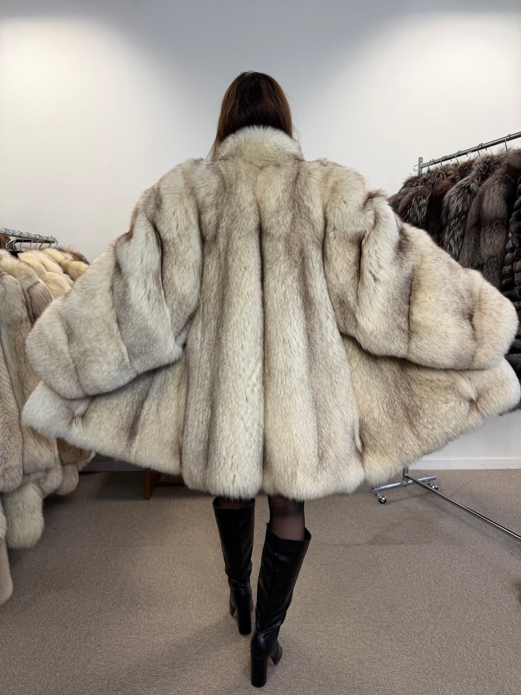 White Blue Fox Fur Coat, Size XL