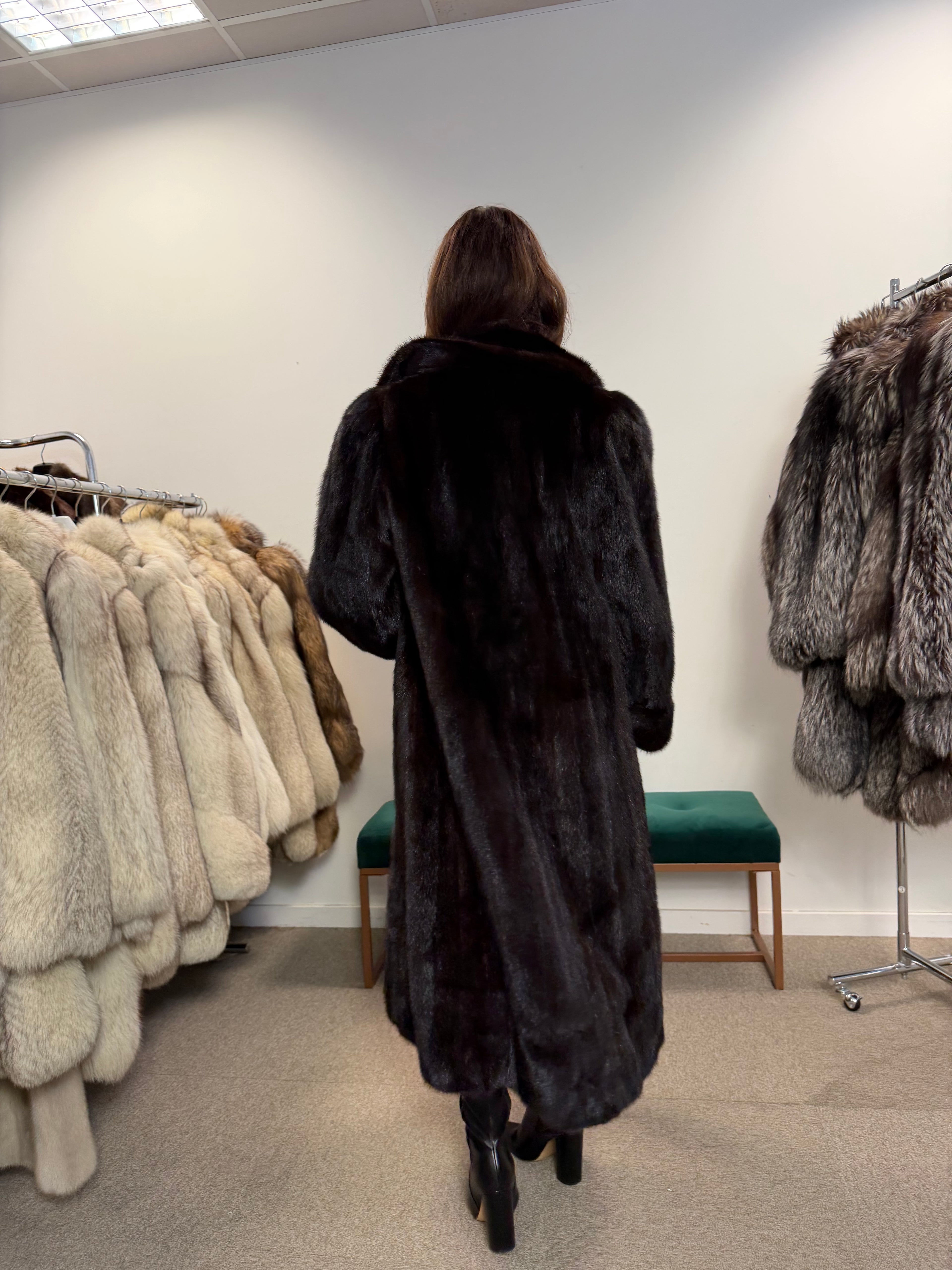 Mink Fur Coat, Dark Brown, Full Length, Size L